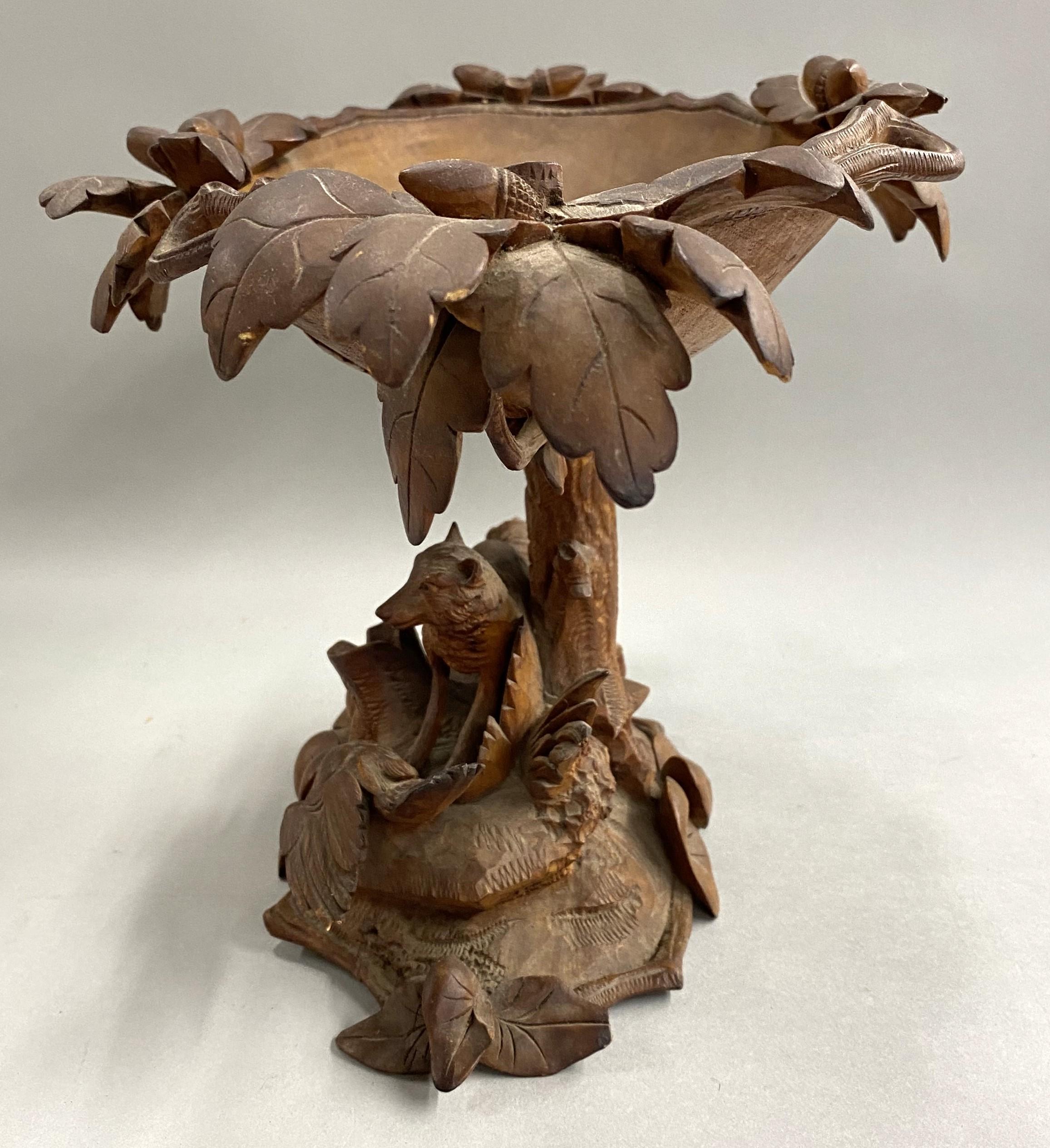 19th c Black Forest Carved Compote with Fox & Pheasant In Good Condition In Milford, NH