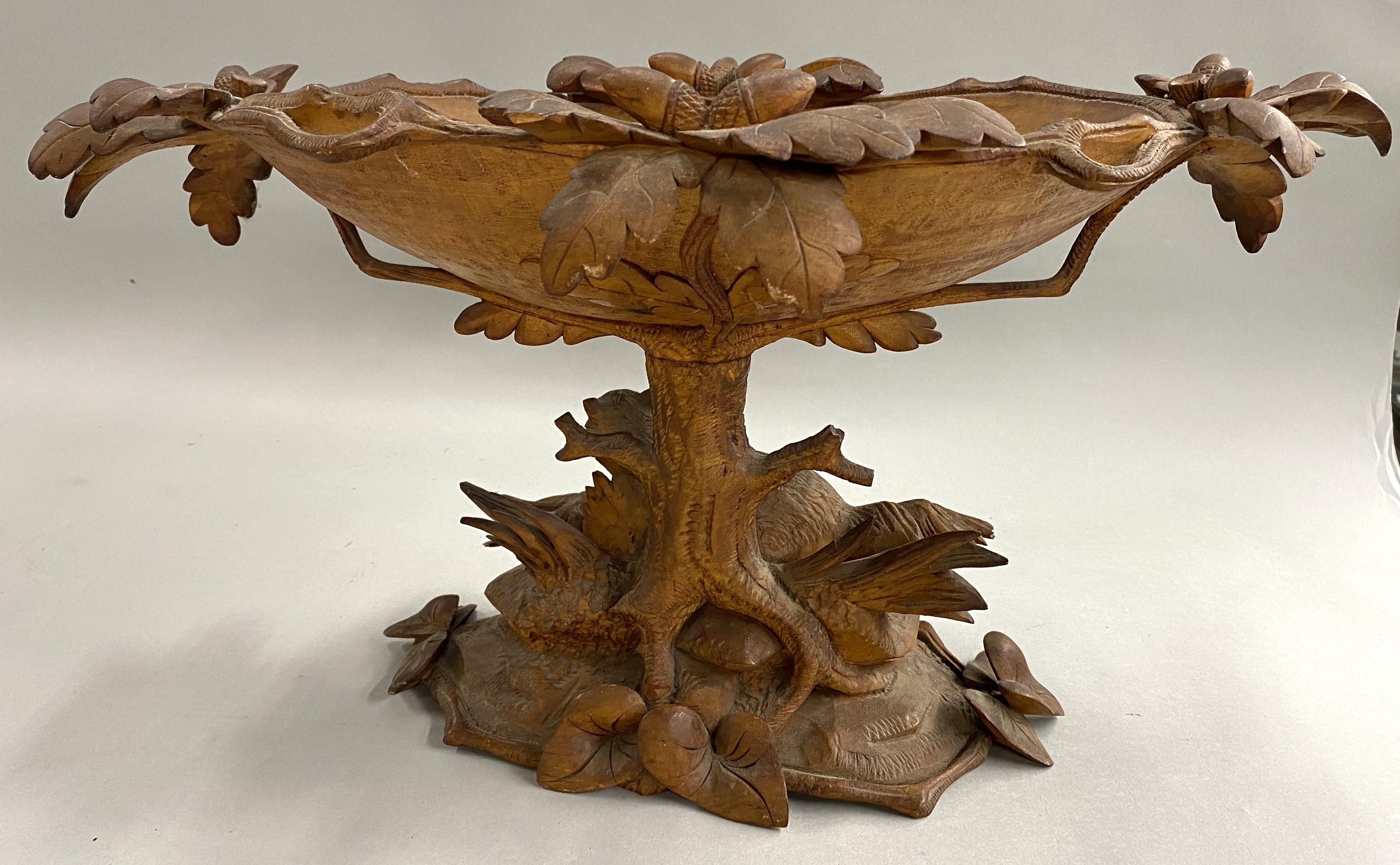 19th Century 19th c Black Forest Carved Compote with Fox & Pheasant