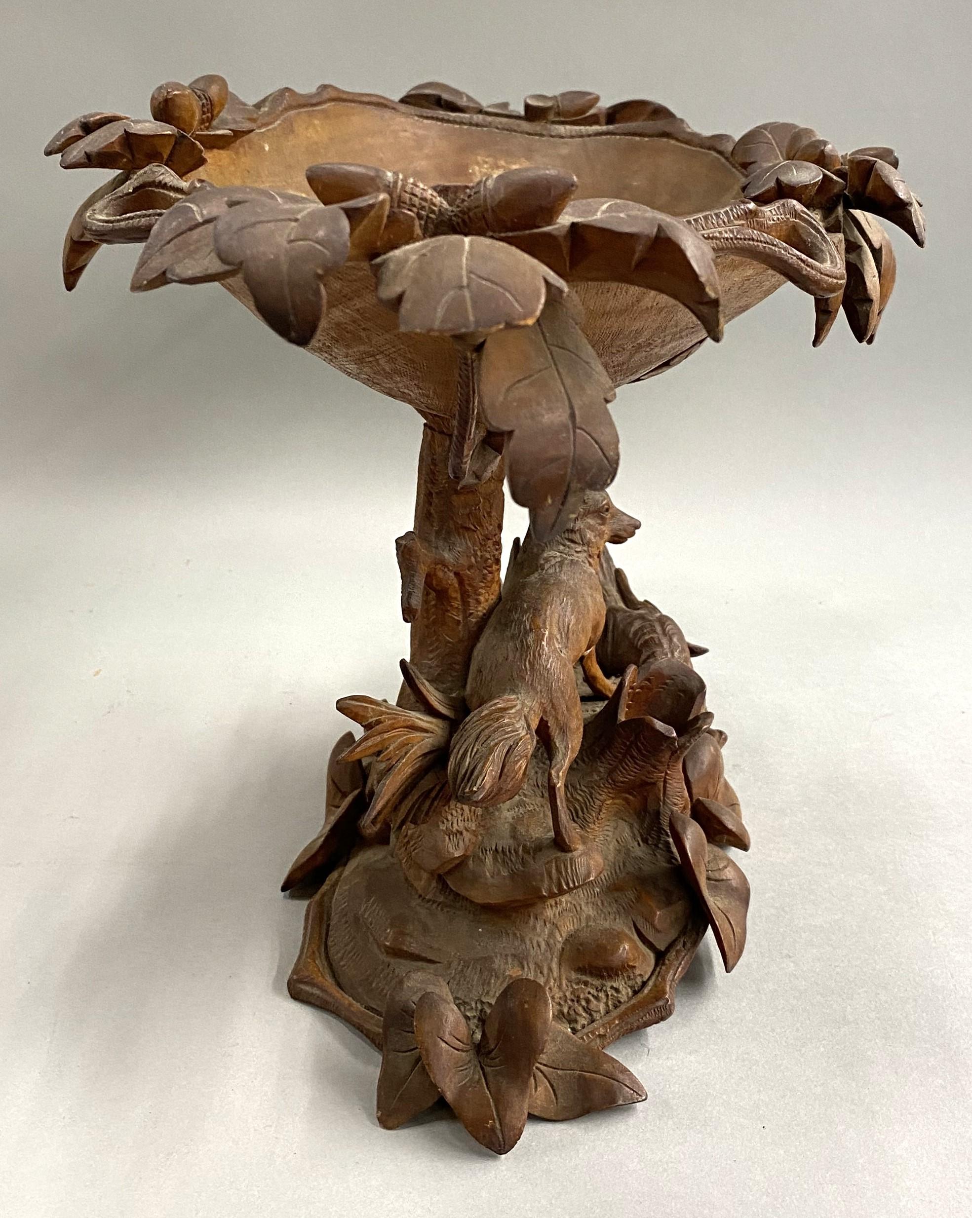 Oak 19th c Black Forest Carved Compote with Fox & Pheasant