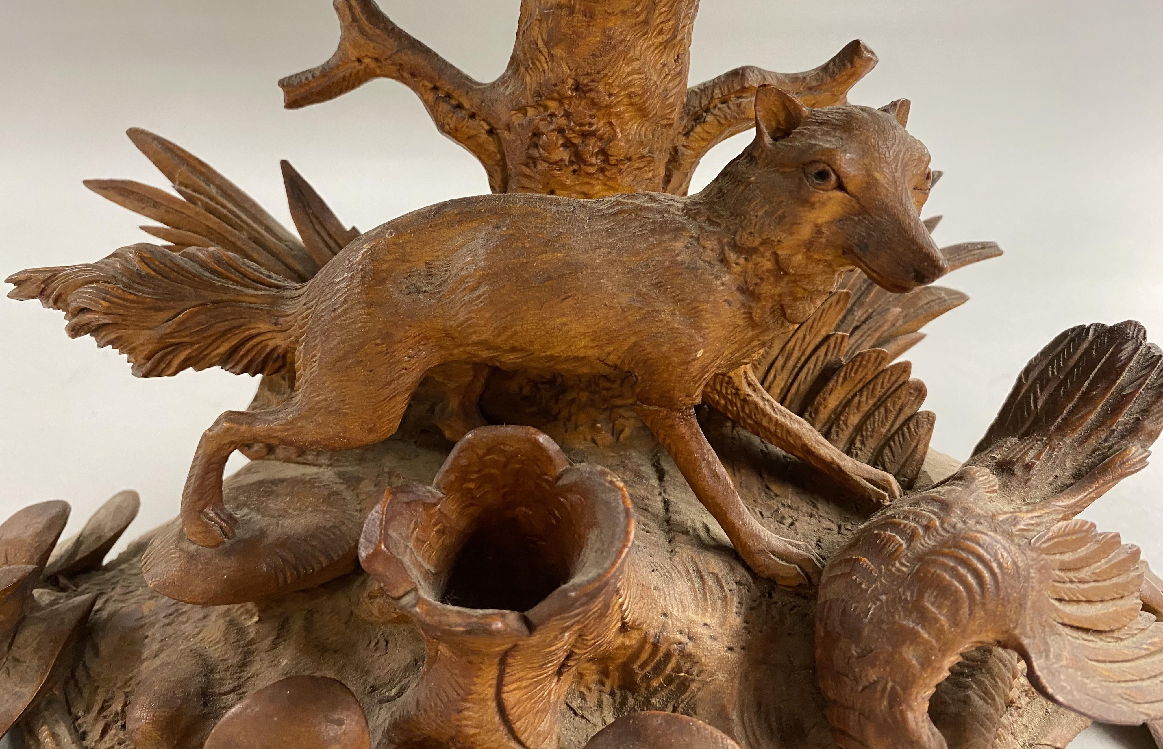19th c Black Forest Carved Compote with Fox & Pheasant 1