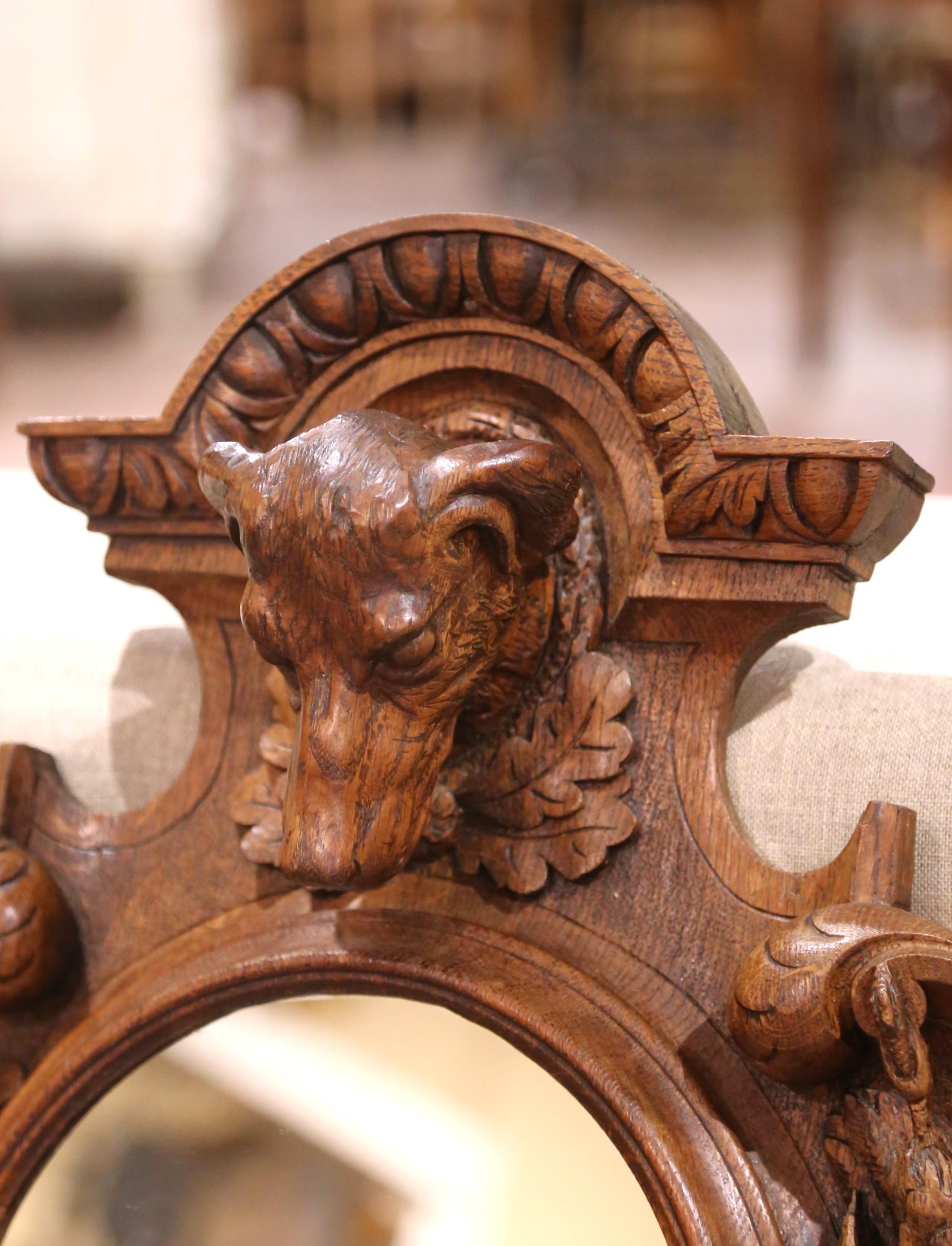 French 19th C. Black Forest Carved Walnut Hunt Mirror with Dog, Game, and Grapes For Sale