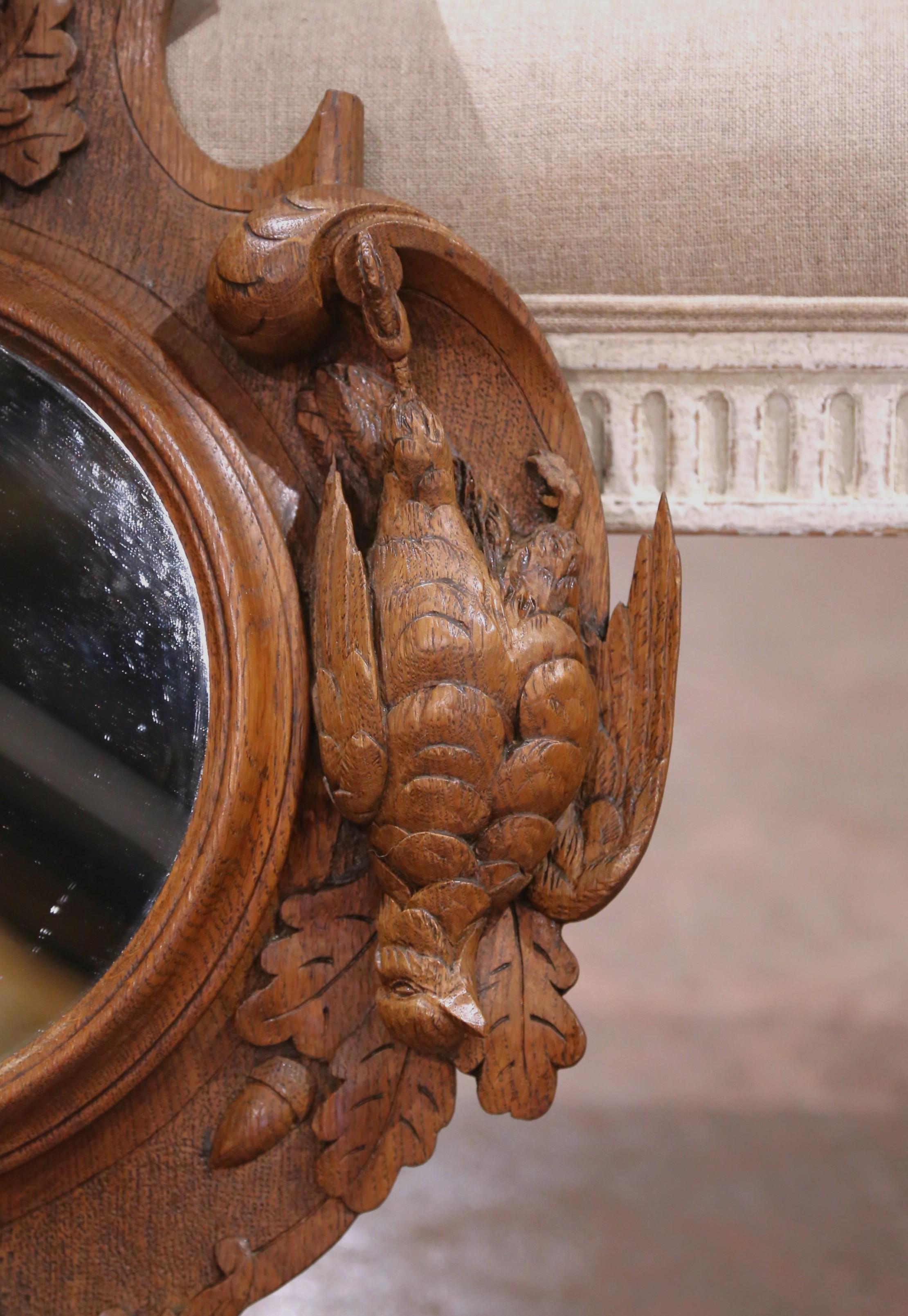 19th C. Black Forest Carved Walnut Hunt Mirror with Dog, Game, and Grapes For Sale 1
