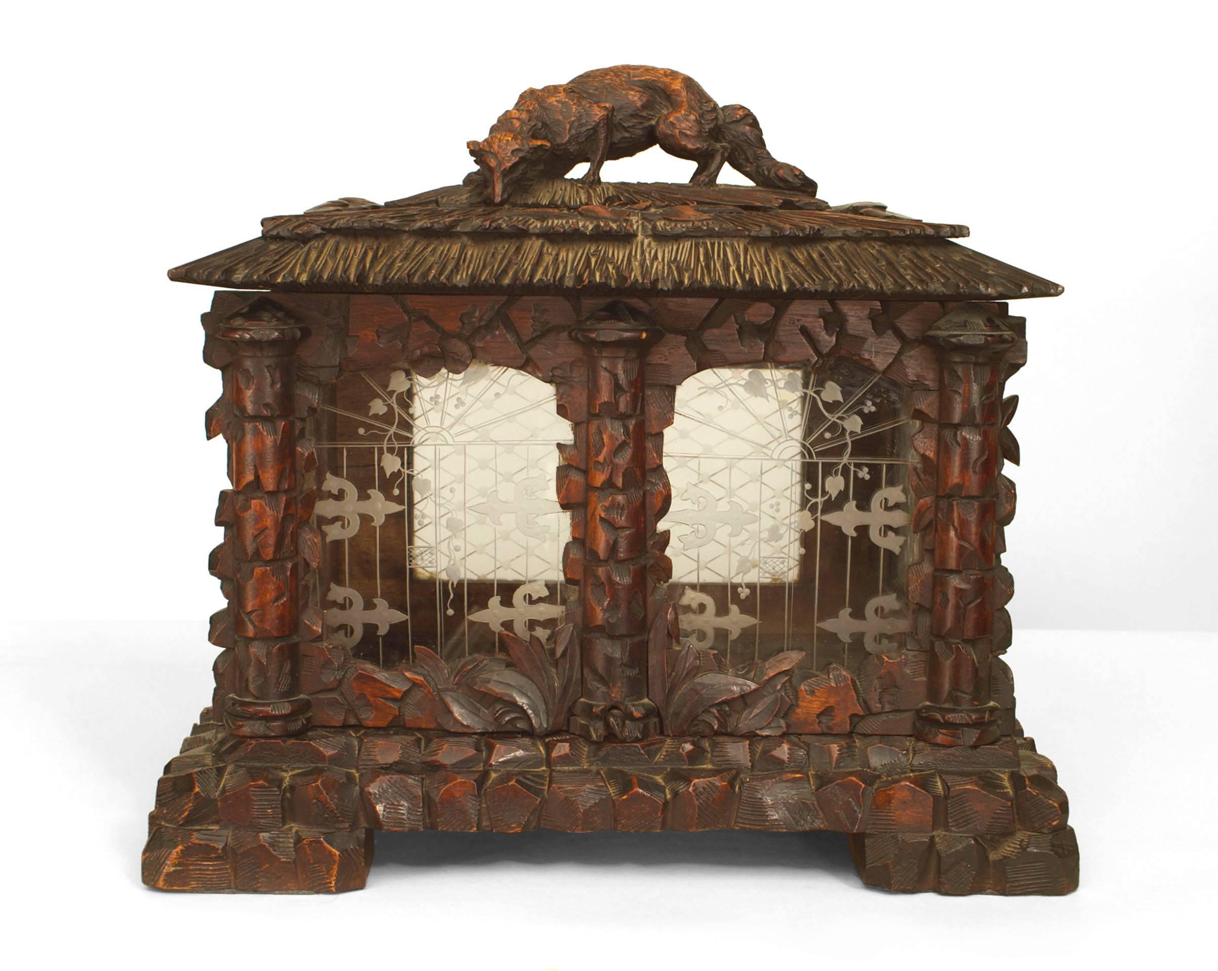 Austrian Rustic Black Forest Walnut Display Box with Etched Glass and A Carved Fox  For Sale