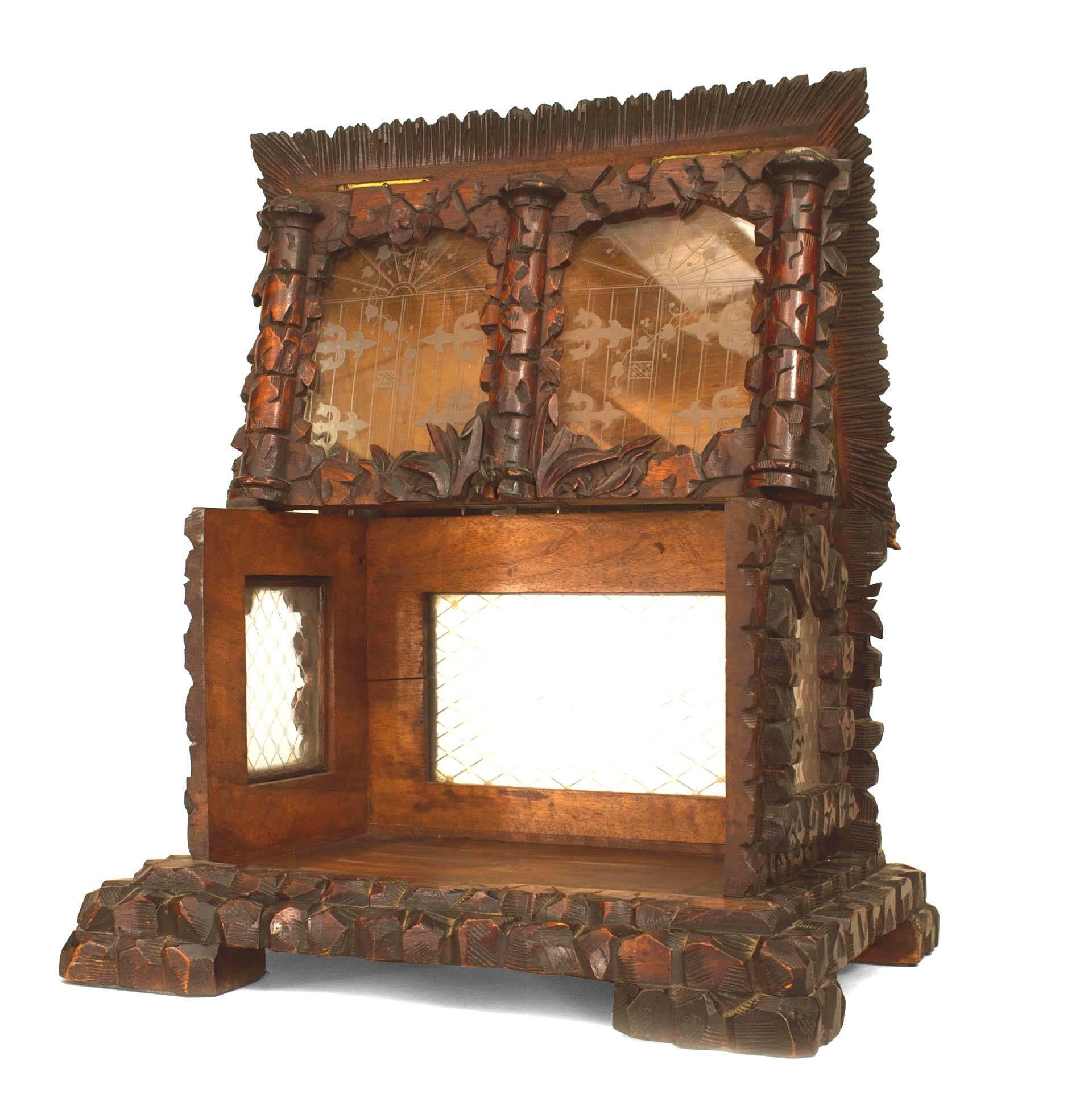 Rustic Black Forest Walnut Display Box with Etched Glass and A Carved Fox  For Sale 1