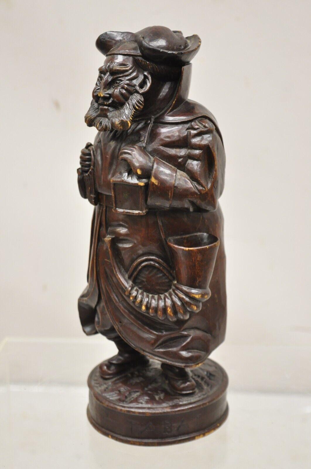 Antique 19th C. European Black Forest Figural Wood Carved Night Watchman Lidded Tobacco Jar Box with Removable Tin Metal. Liner. Believed to be 19th Century. Measurements: 14