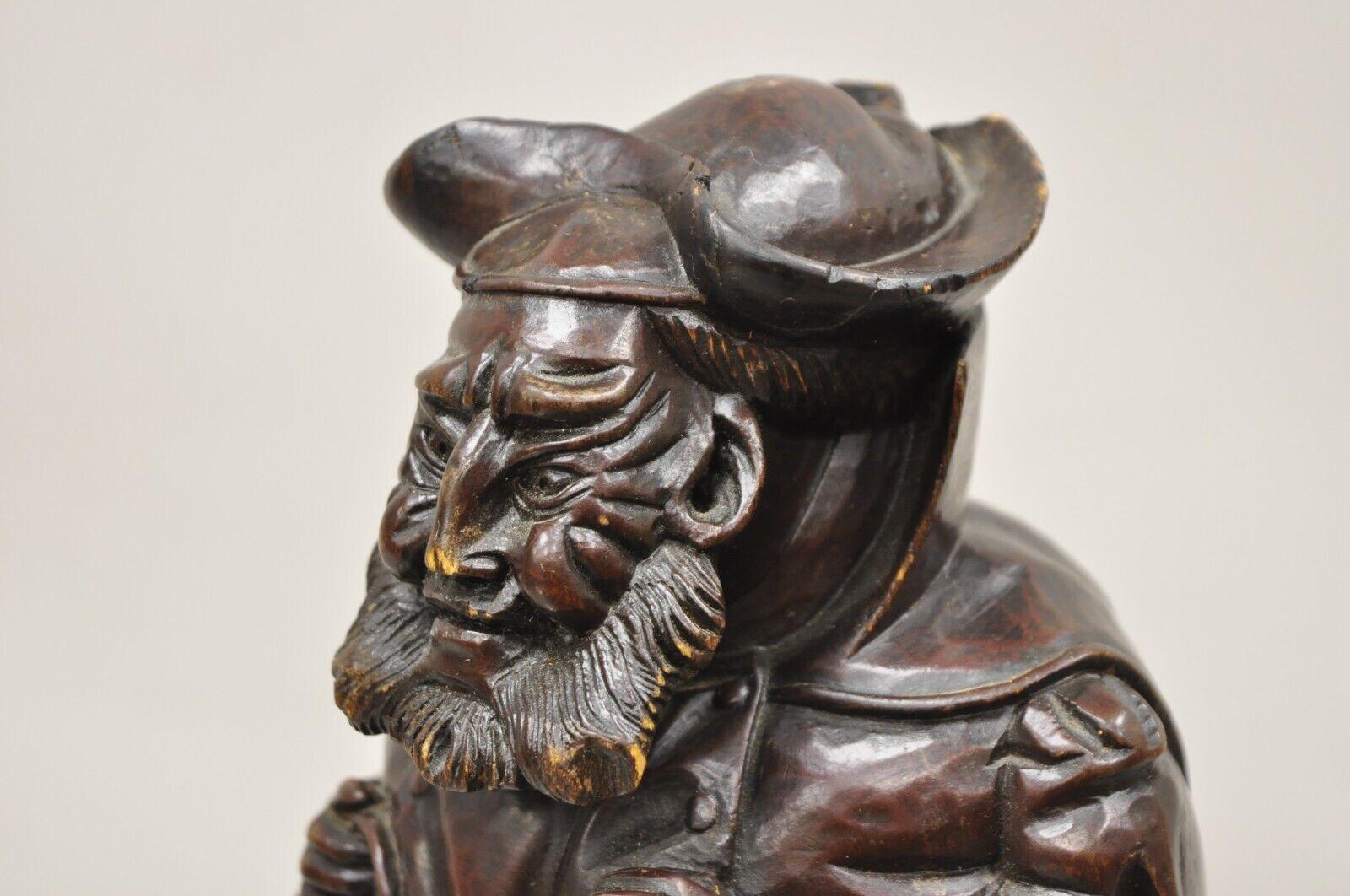 XIXe siècle A.I.C. Black Forest Figural Wood Carved Night Watchman Lidded Tobacco Jar Box en vente