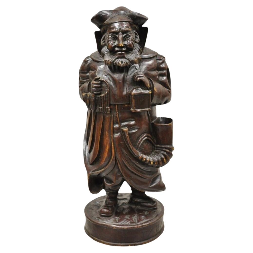 A.I.C. Black Forest Figural Wood Carved Night Watchman Lidded Tobacco Jar Box en vente