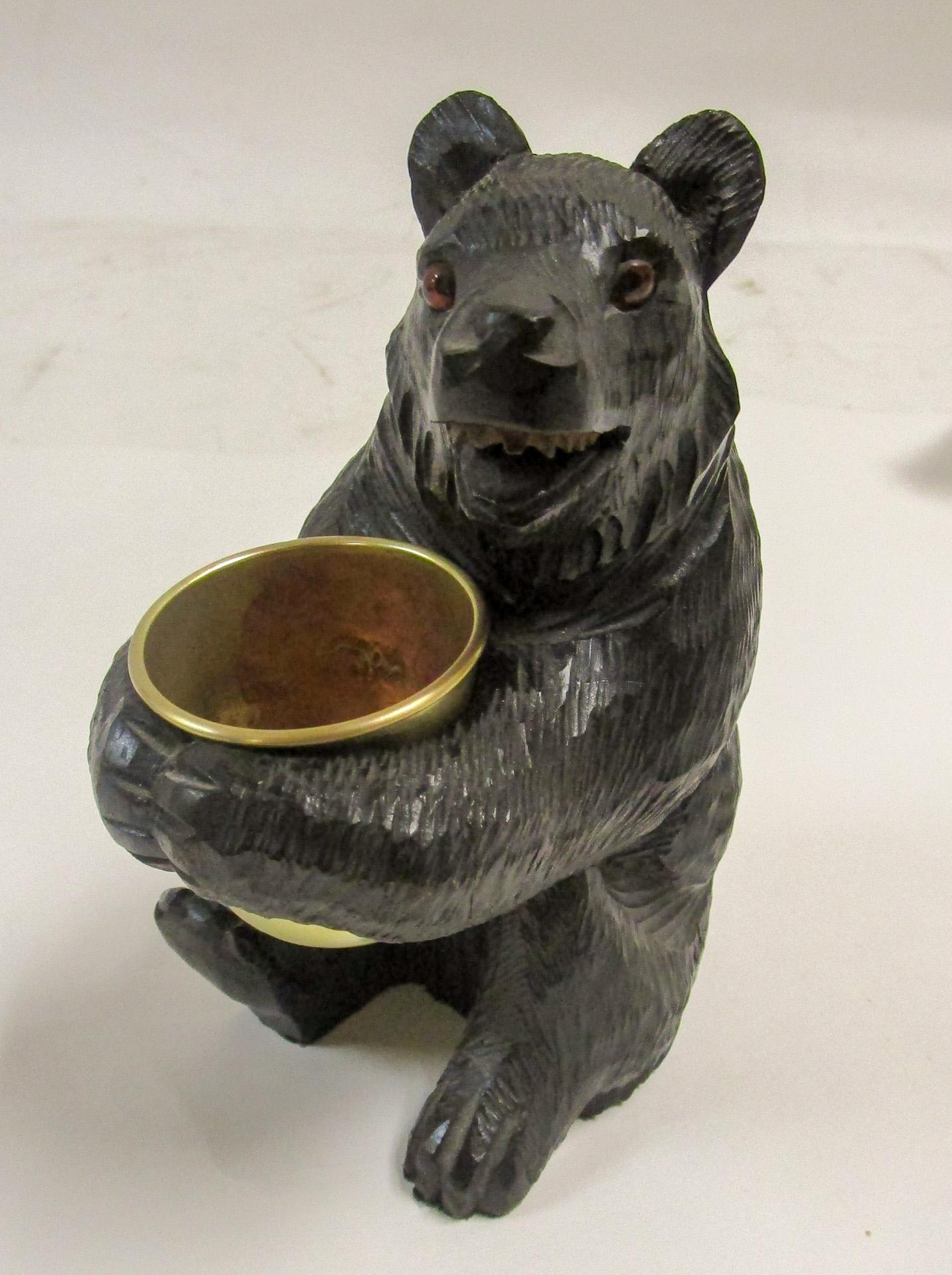 19th C Black Forest Hand-Carved Swiss Brienz Bear with Brass Holder In Good Condition For Sale In Savannah, GA