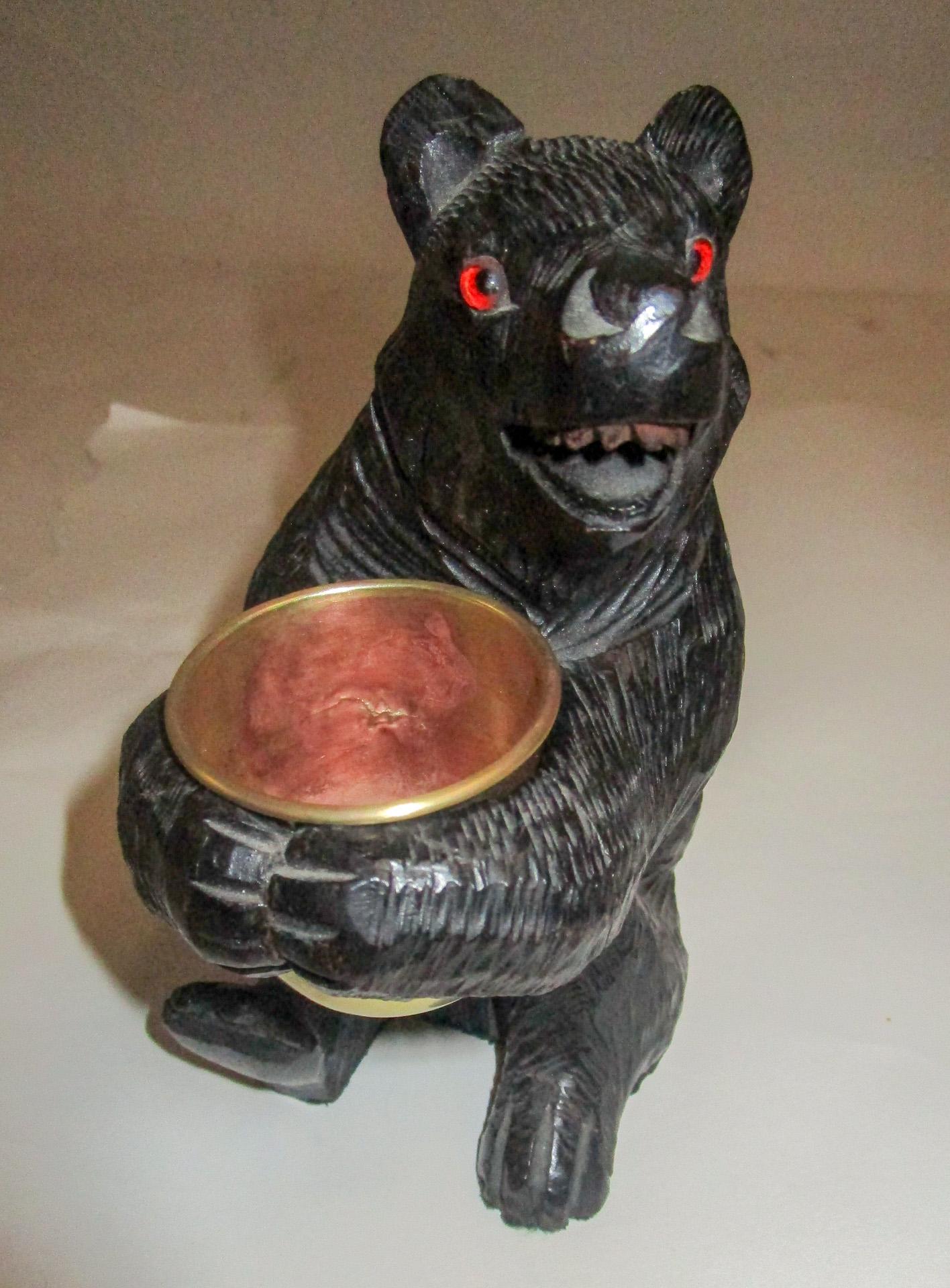 19th Century 19th C Black Forest Hand-Carved Swiss Brienz Bear with Brass Holder For Sale
