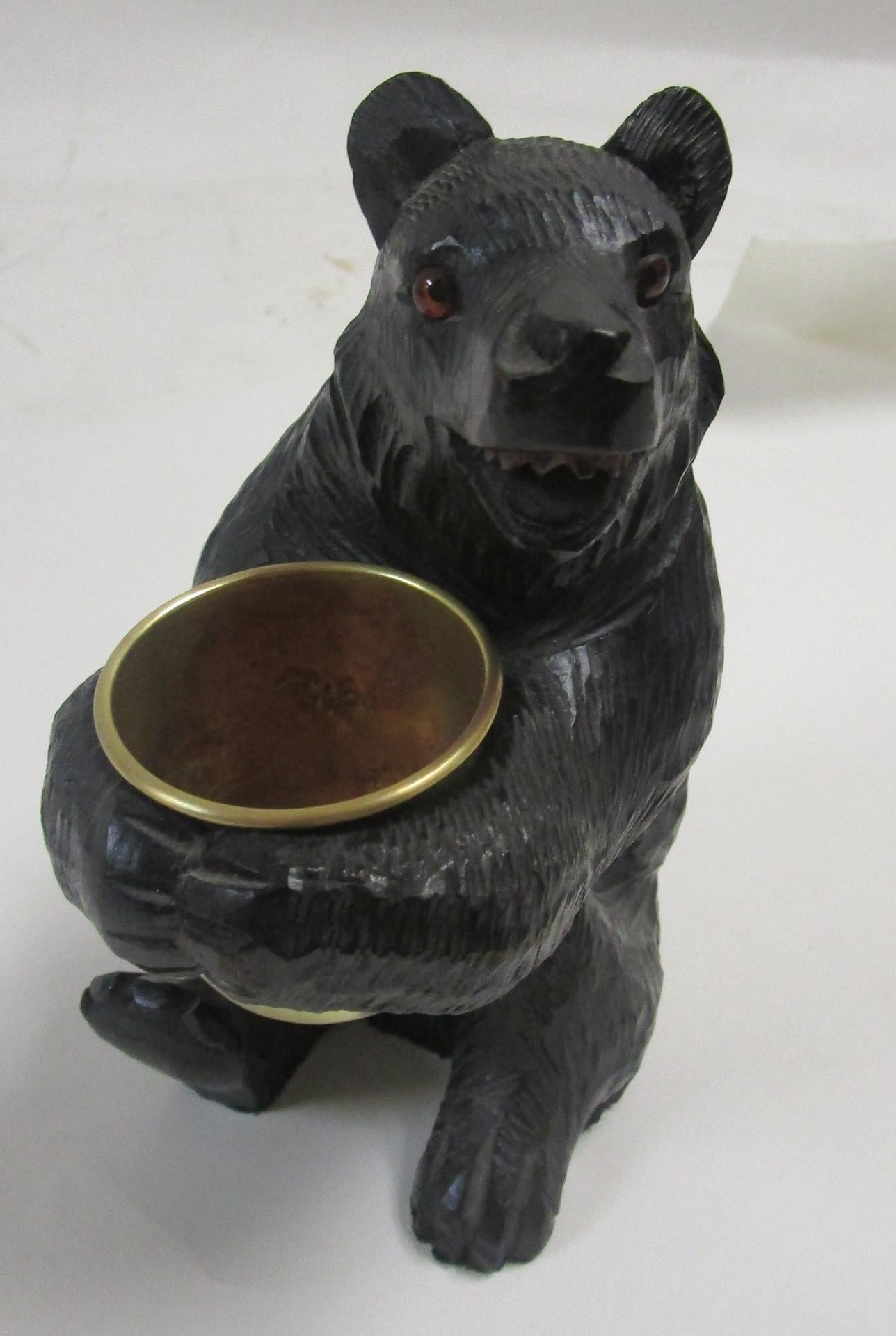 19th C Black Forest Hand-Carved Swiss Brienz Bear with Brass Holder For Sale 1