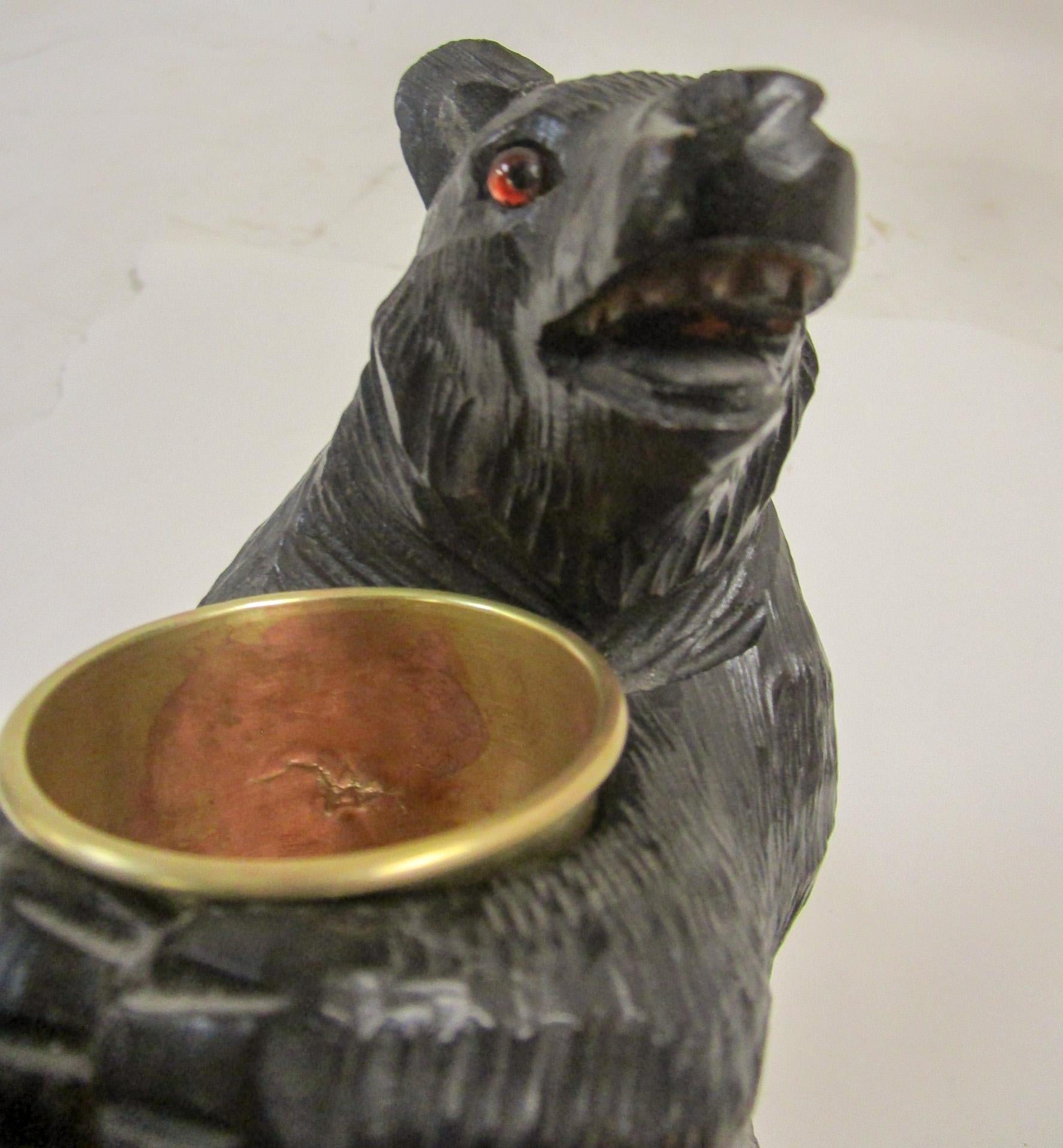 19th C Black Forest Hand-Carved Swiss Brienz Bear with Brass Holder For Sale 4