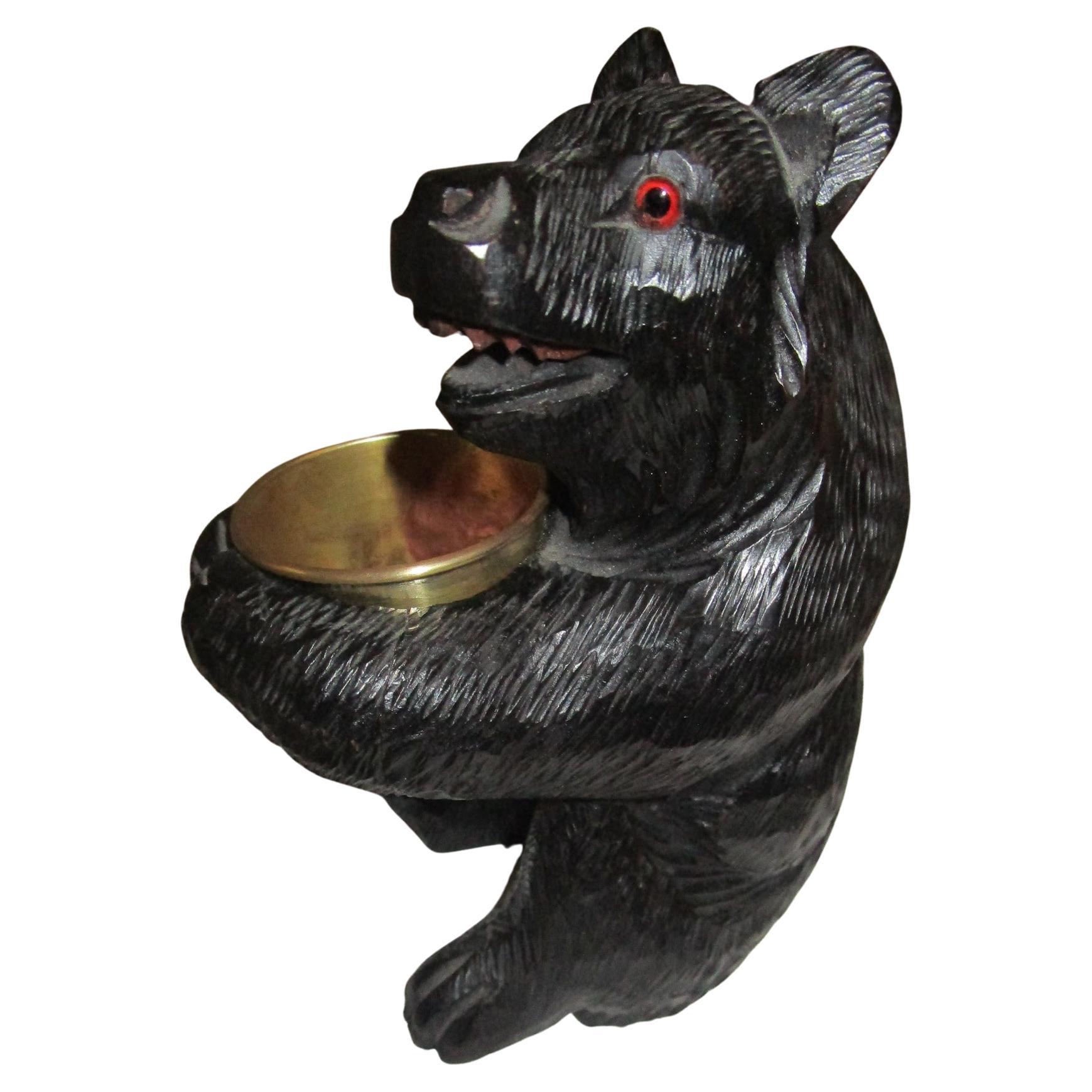 19th C Black Forest Hand-Carved Swiss Brienz Bear with Brass Holder For Sale
