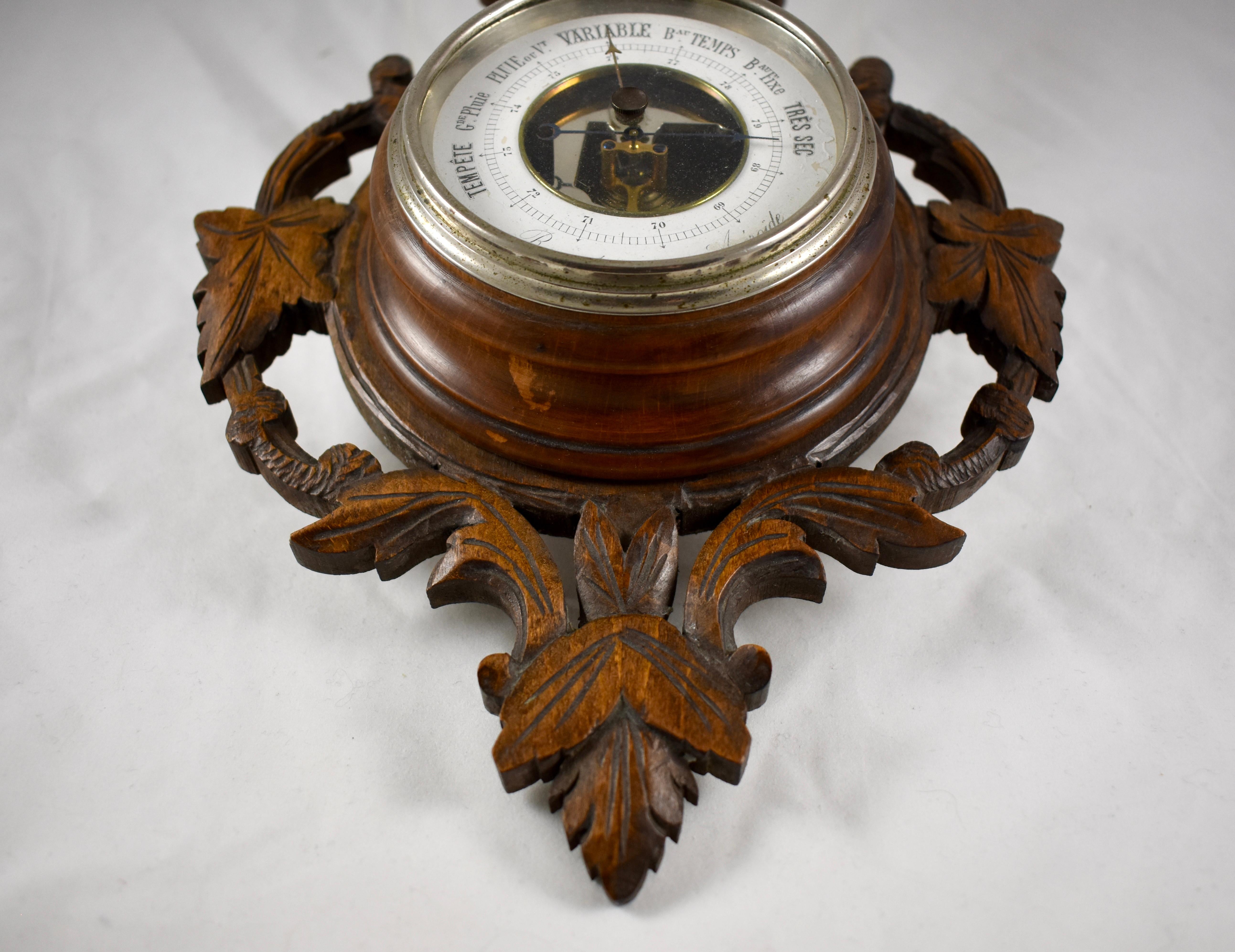 19th Century Black Forest Hand Carved Walnut French Wall Plaque Barometer 3