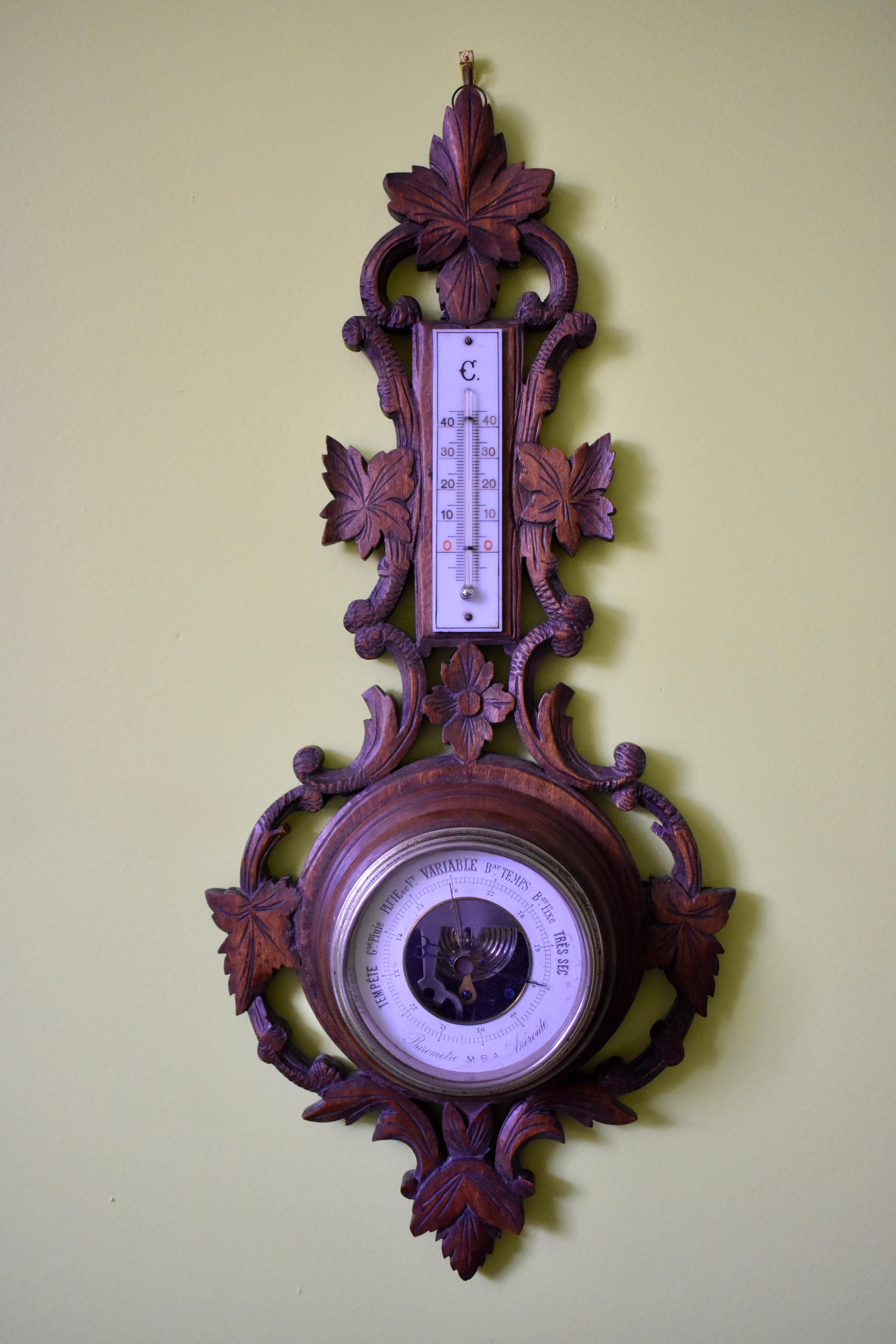 19th Century Black Forest Hand Carved Walnut French Wall Plaque Barometer 7