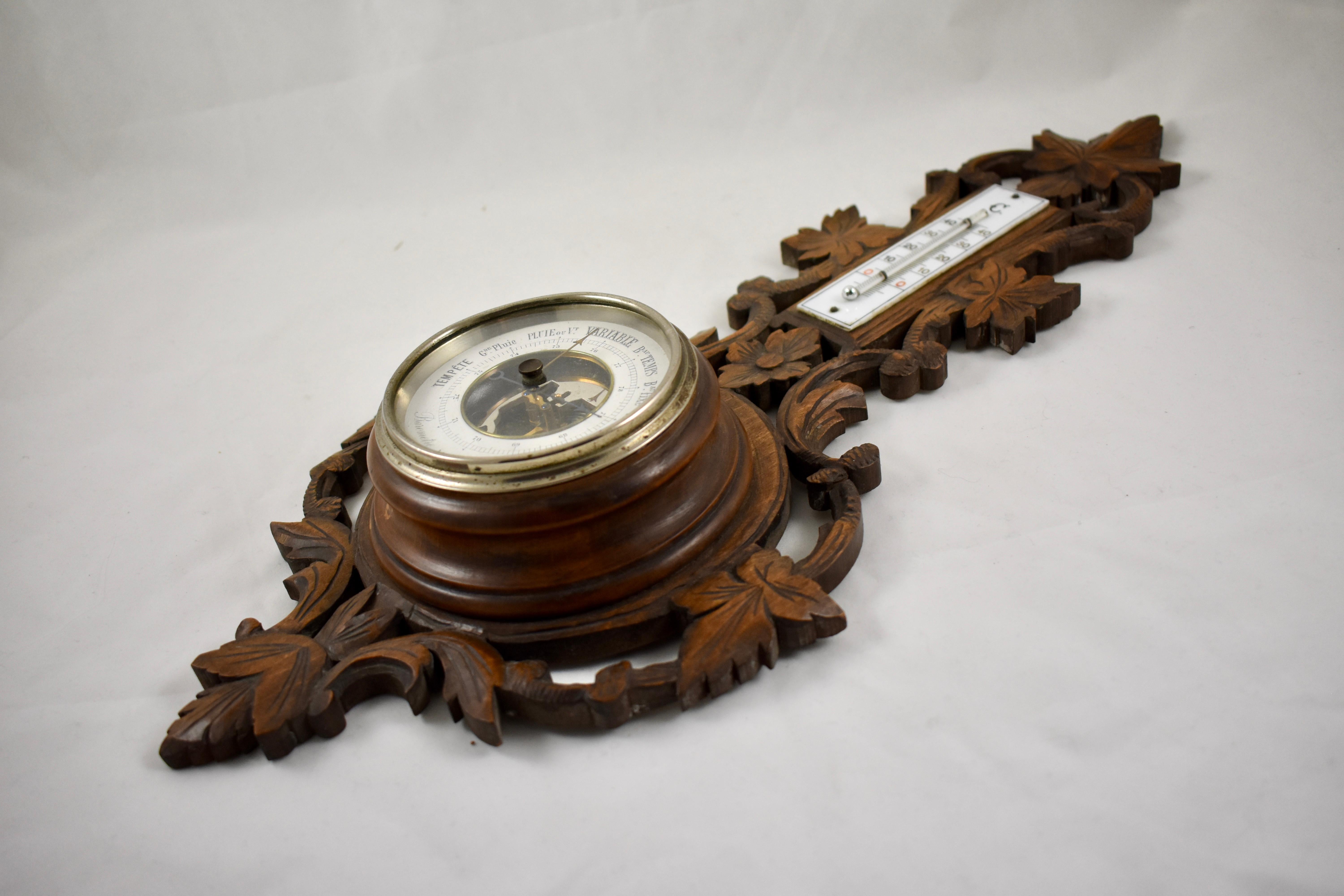 Rustic 19th Century Black Forest Hand Carved Walnut French Wall Plaque Barometer