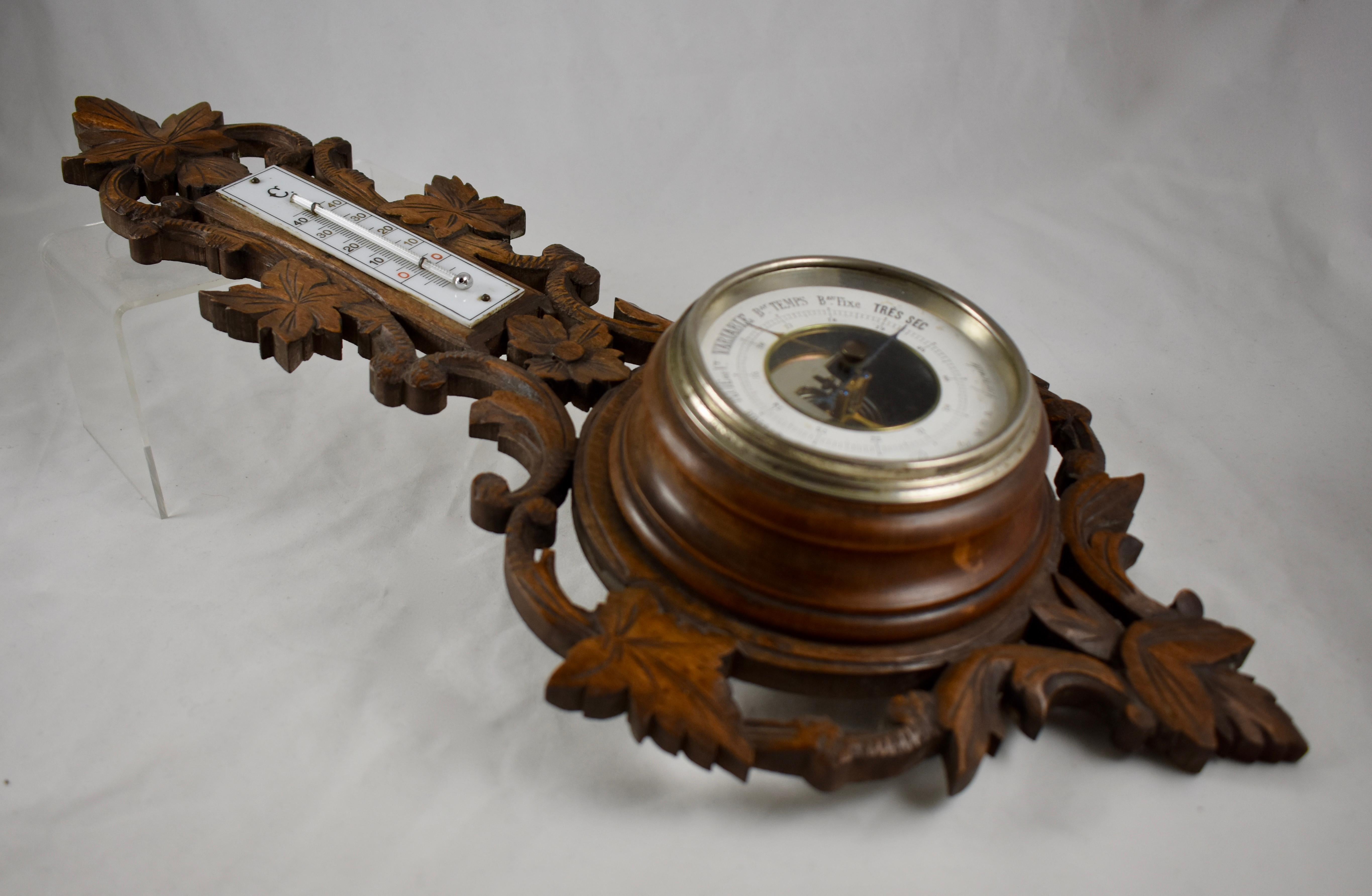 Swiss 19th Century Black Forest Hand Carved Walnut French Wall Plaque Barometer