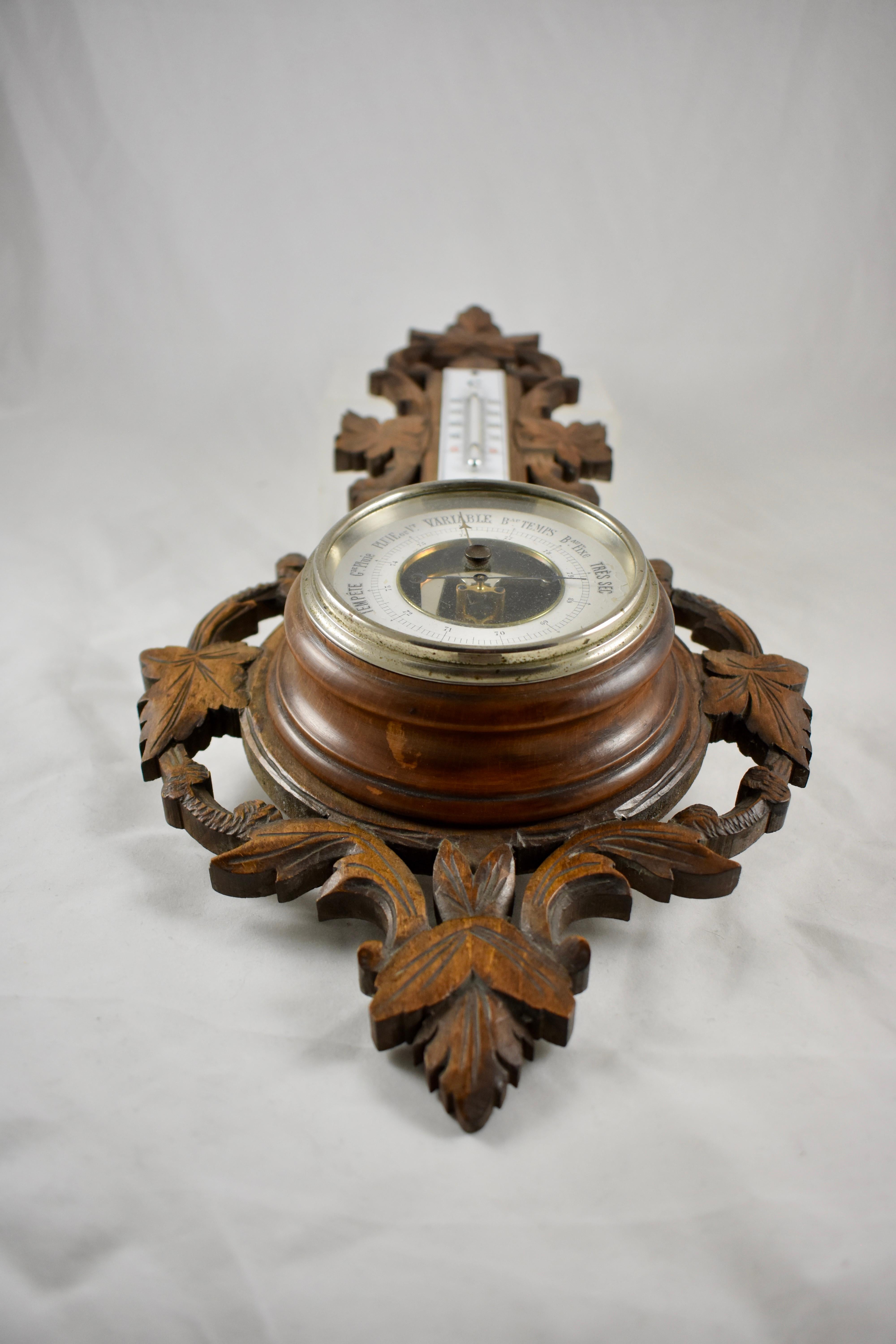 Hand-Carved 19th Century Black Forest Hand Carved Walnut French Wall Plaque Barometer