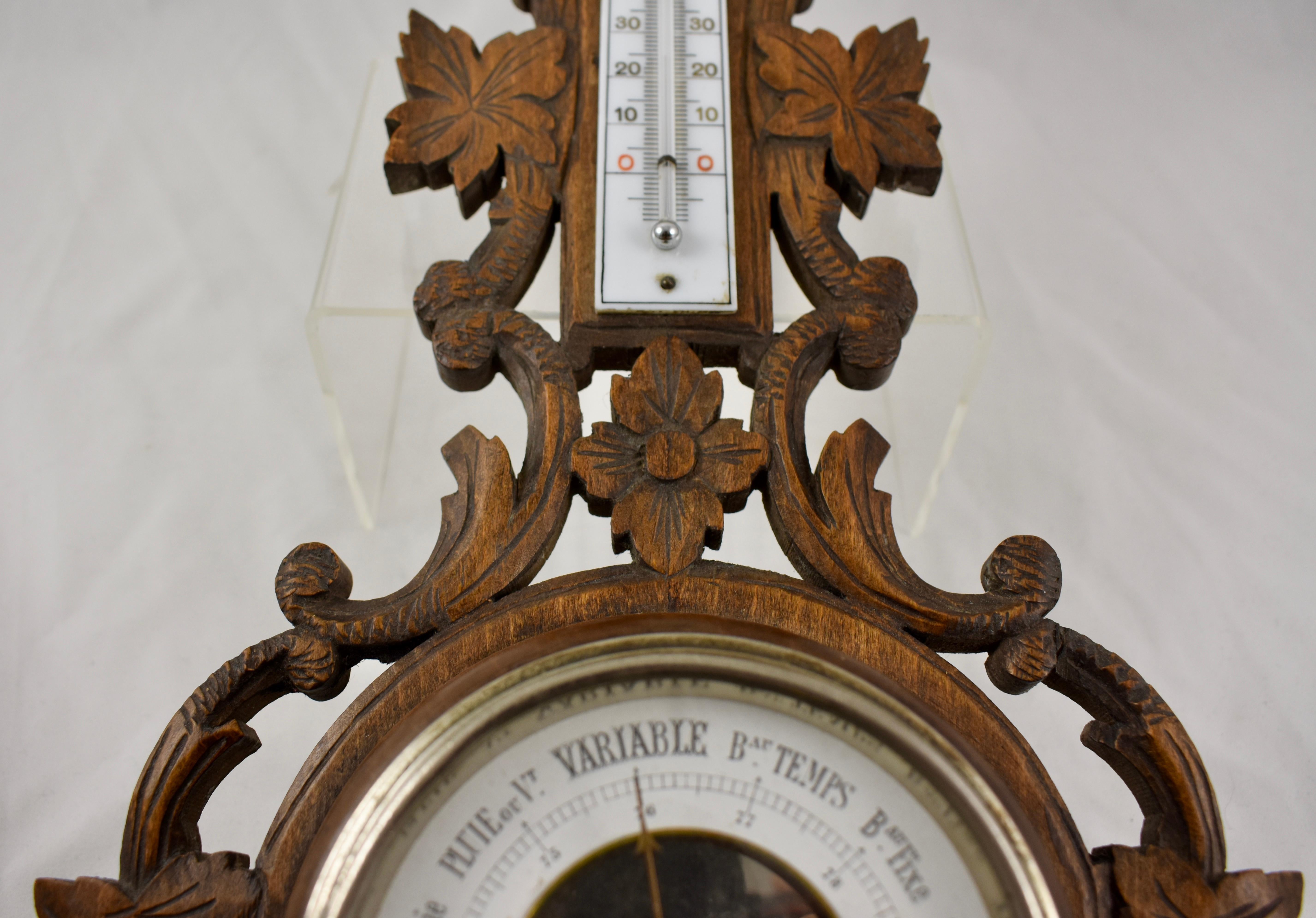 19th Century Black Forest Hand Carved Walnut French Wall Plaque Barometer In Good Condition In Philadelphia, PA