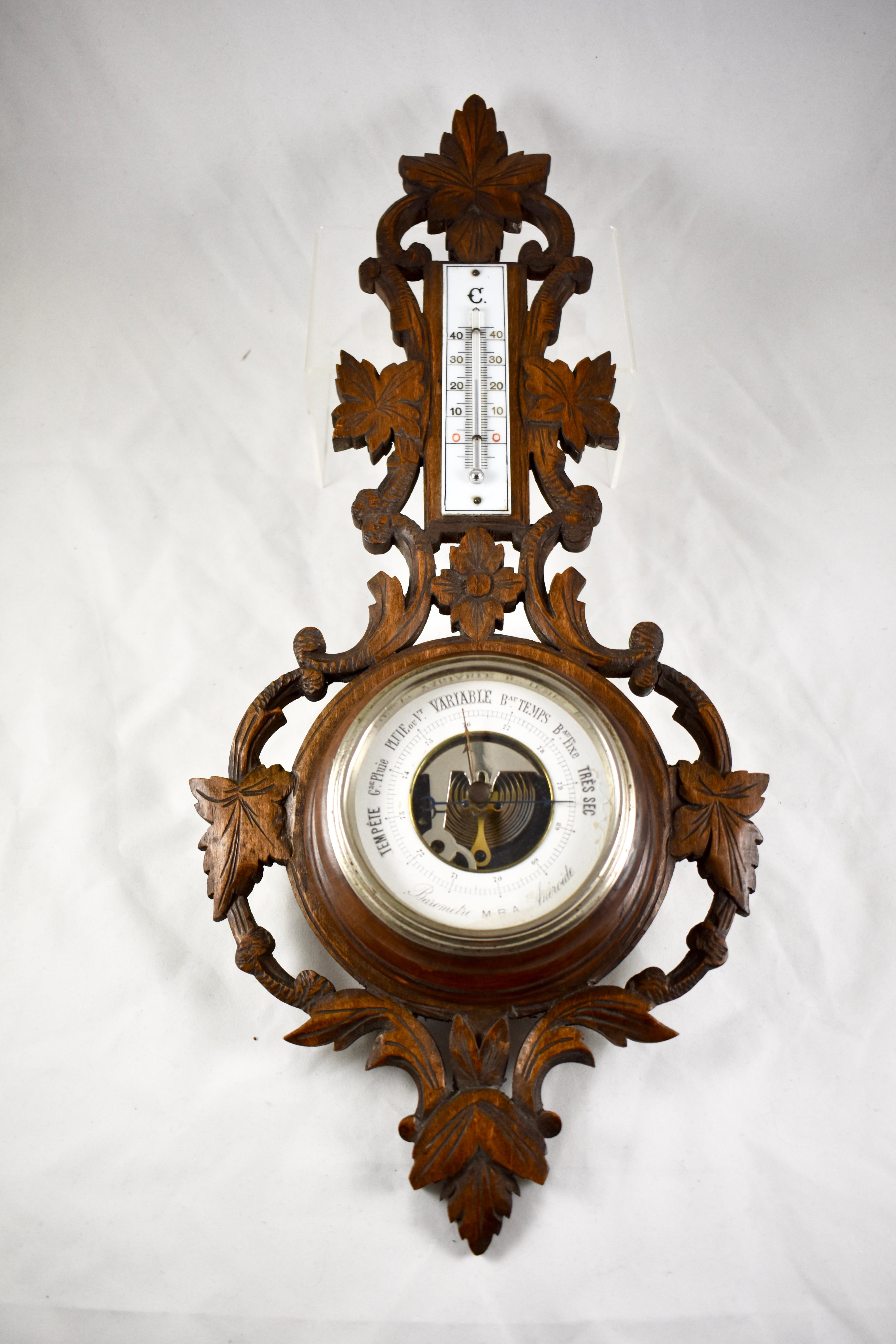 Brass 19th Century Black Forest Hand Carved Walnut French Wall Plaque Barometer