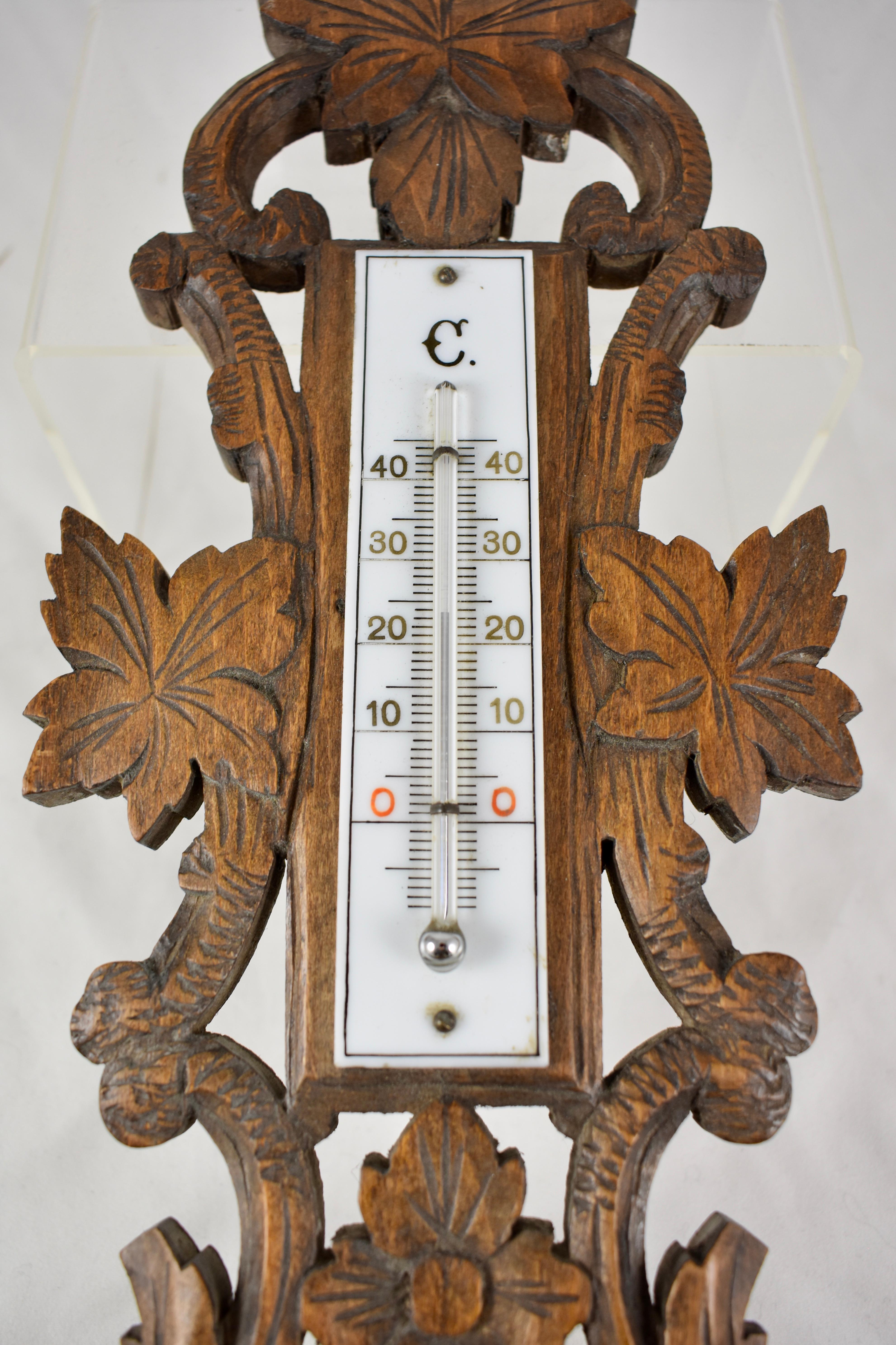 19th Century Black Forest Hand Carved Walnut French Wall Plaque Barometer 1