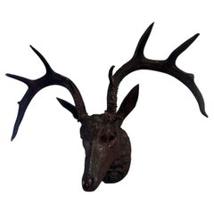 Vintage 19th C Black Forest Stag Head Antler Wall Mount Deer Sculpture