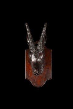 19th C. Black Forest Wall Mounted Carved Wood Goat on a Plaque