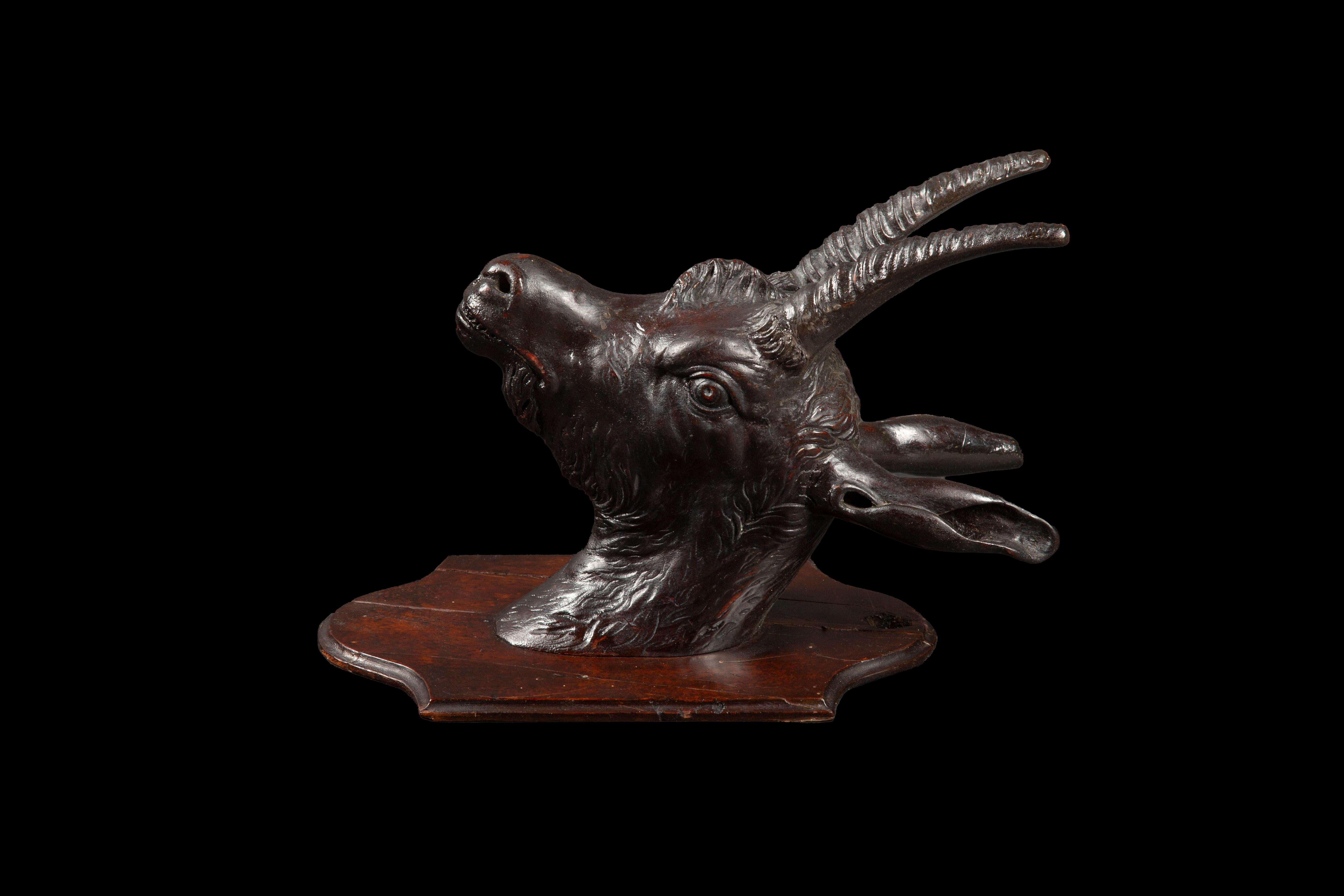Hand-Carved 19th C. Black Forest Wall Mounted Carved Wood Goat on a Plaque For Sale