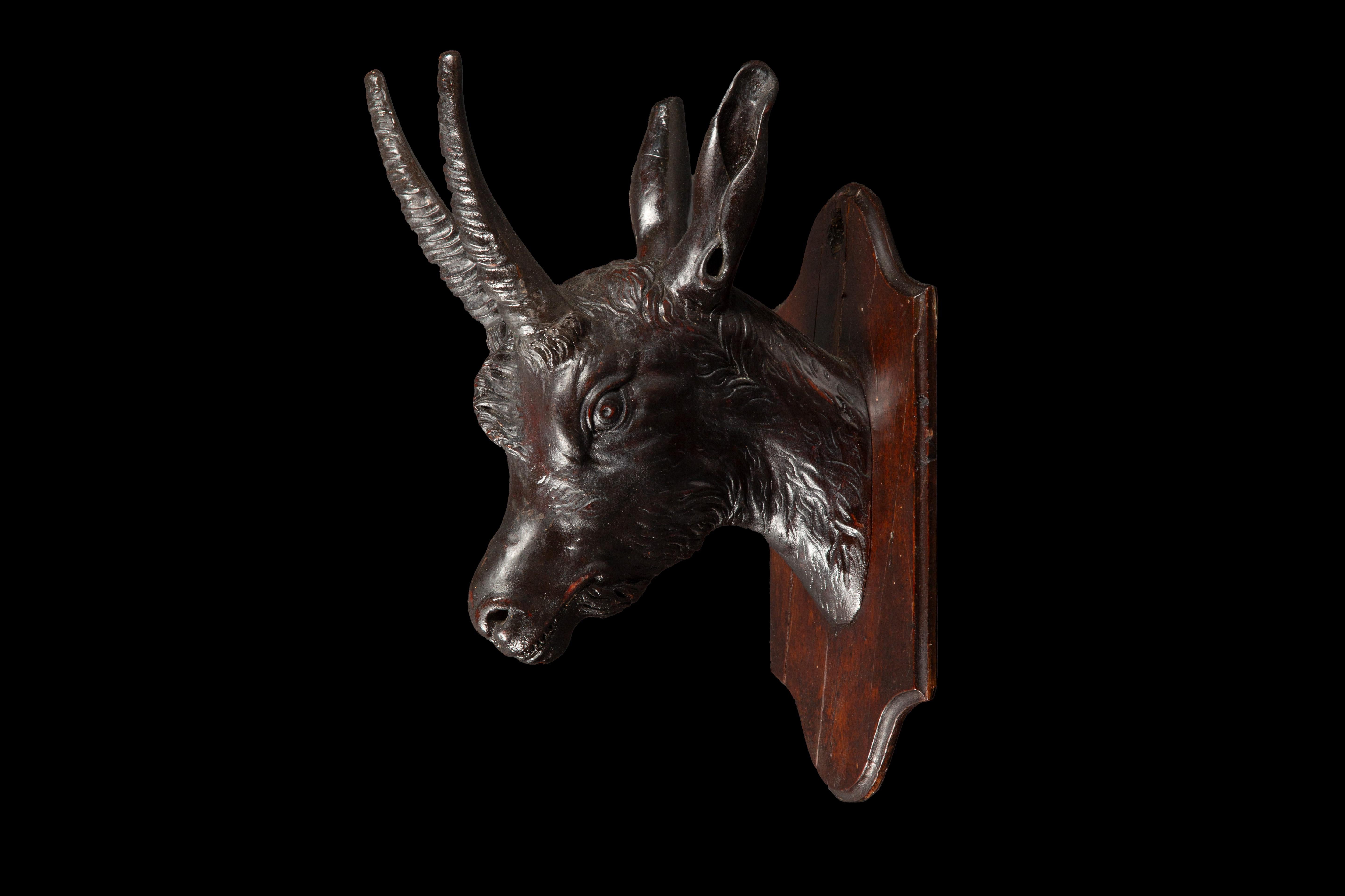 19th C. Black Forest Wall Mounted Carved Wood Goat on a Plaque In Good Condition For Sale In New York, NY