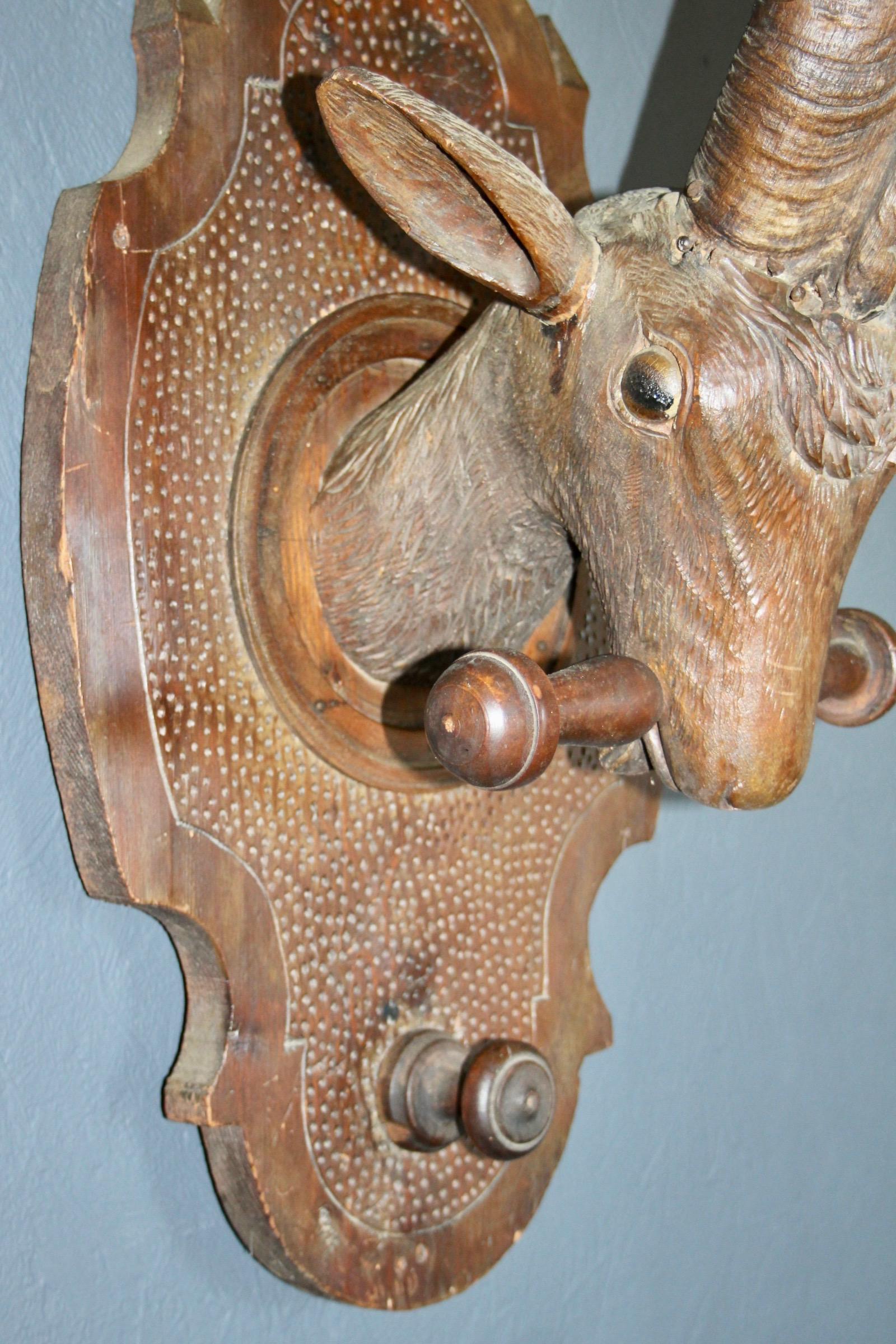 19th C. Black Forest Wall Mounted S Swiss Carved Wood Goat on a Plaque For Sale 6