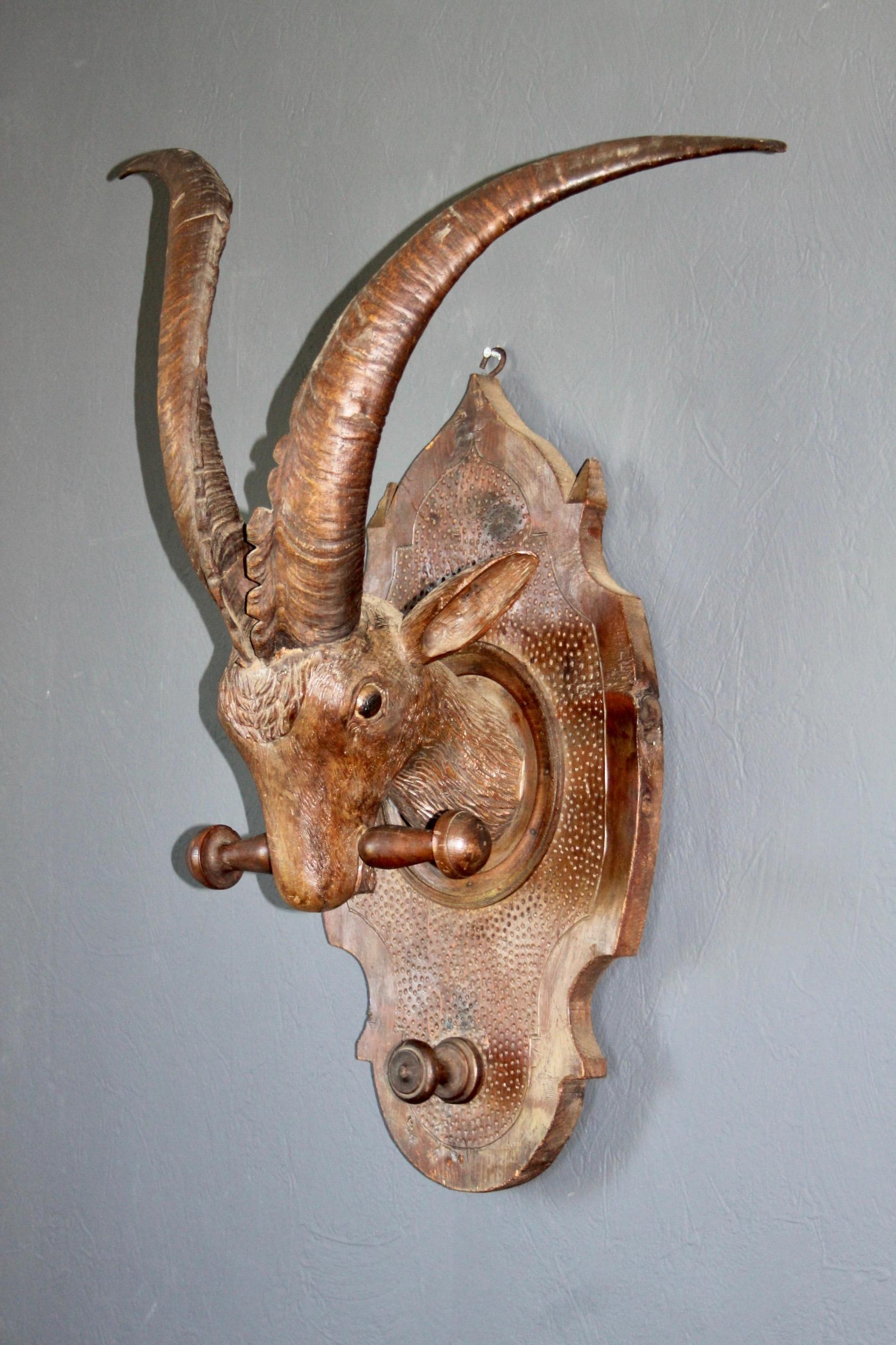 19th C. Black Forest Wall Mounted Carved Wood Goat on a Plaque