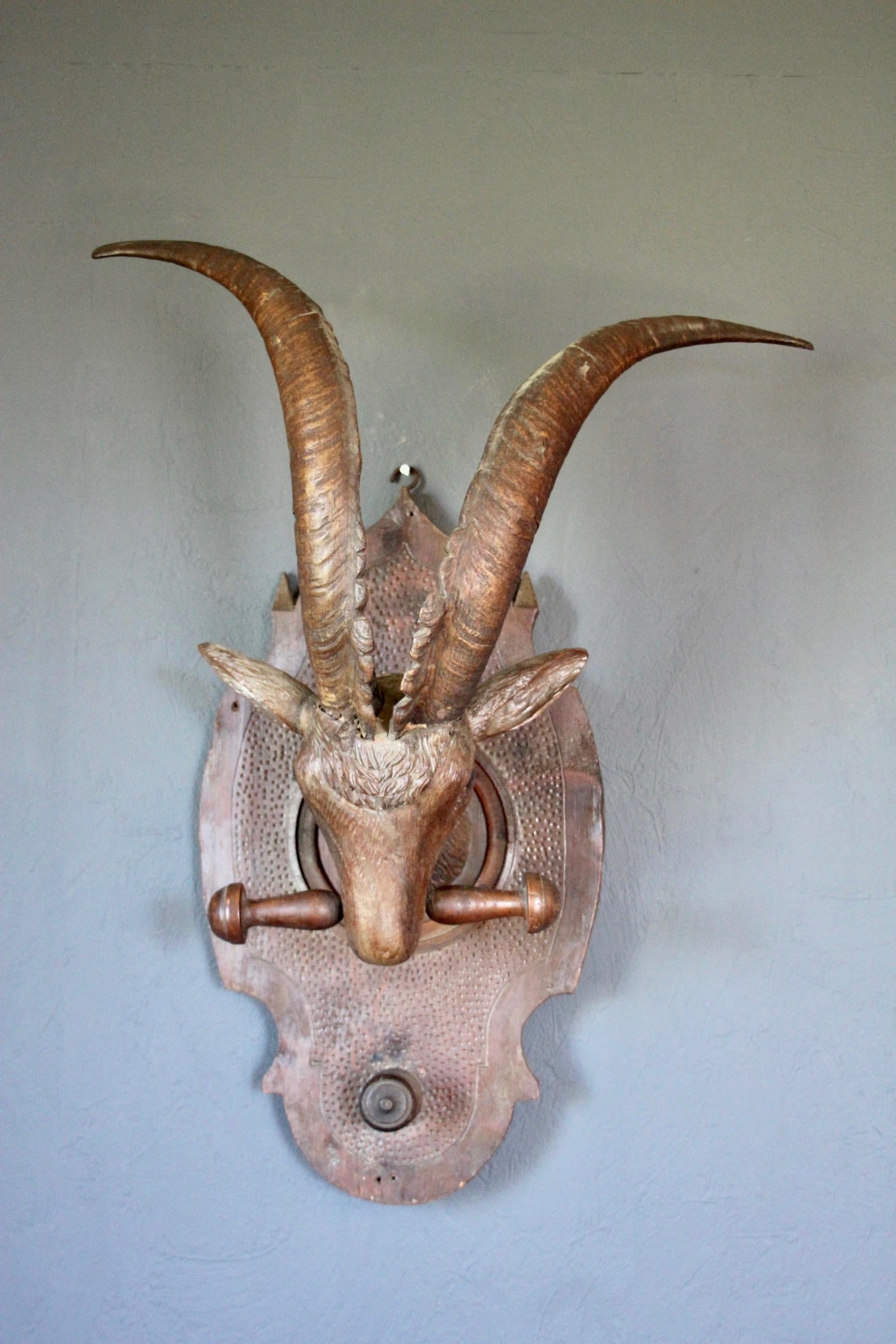 19th C. Black Forest Wall Mounted S Swiss Carved Wood Goat on a Plaque In Good Condition For Sale In grand Lancy, CH