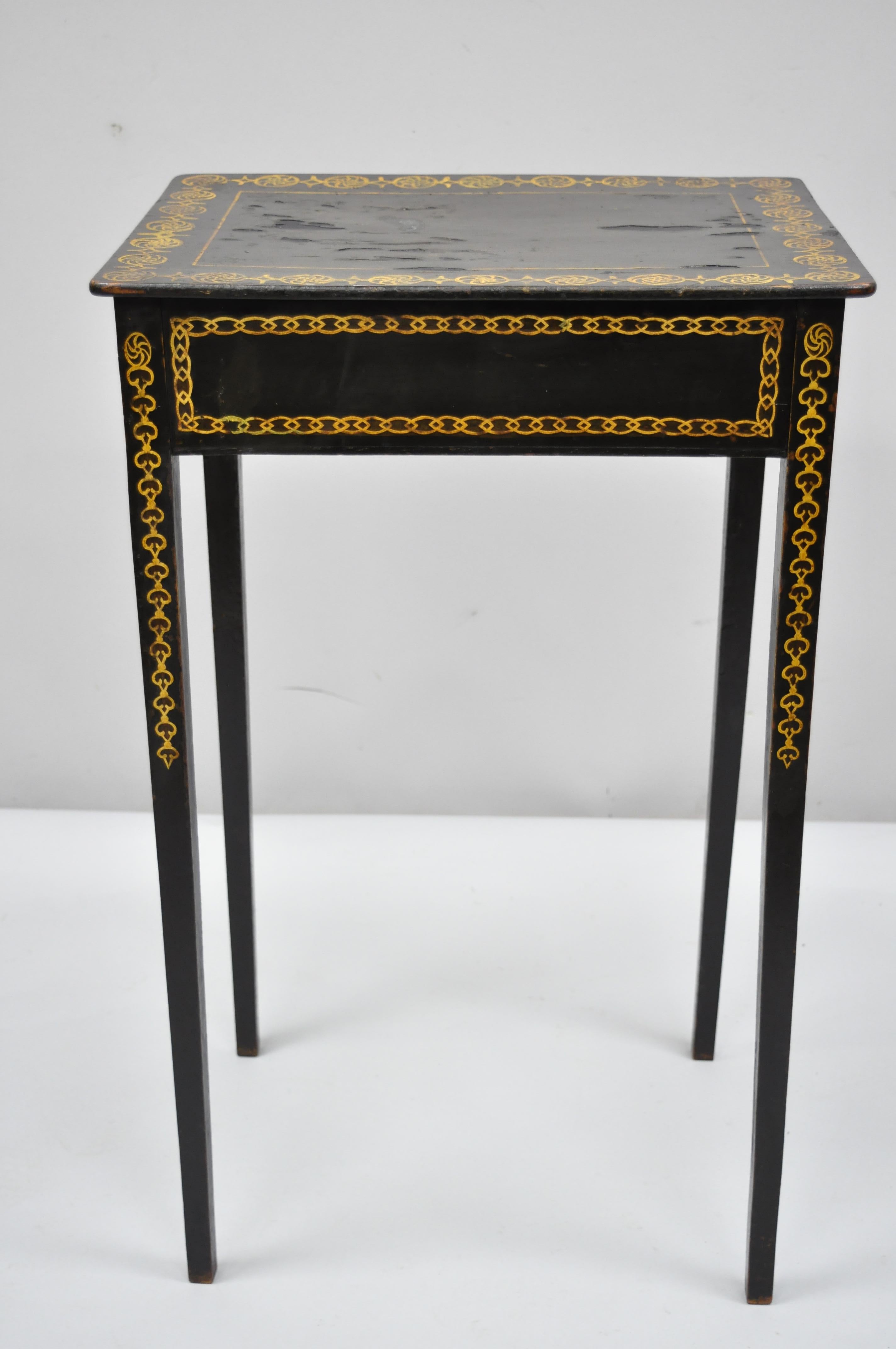 Black Lacquer Hand Painted English Victorian Side End Table Nightstand 6