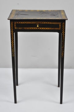 Black Lacquer Hand Painted English Victorian Side End Table Nightstand