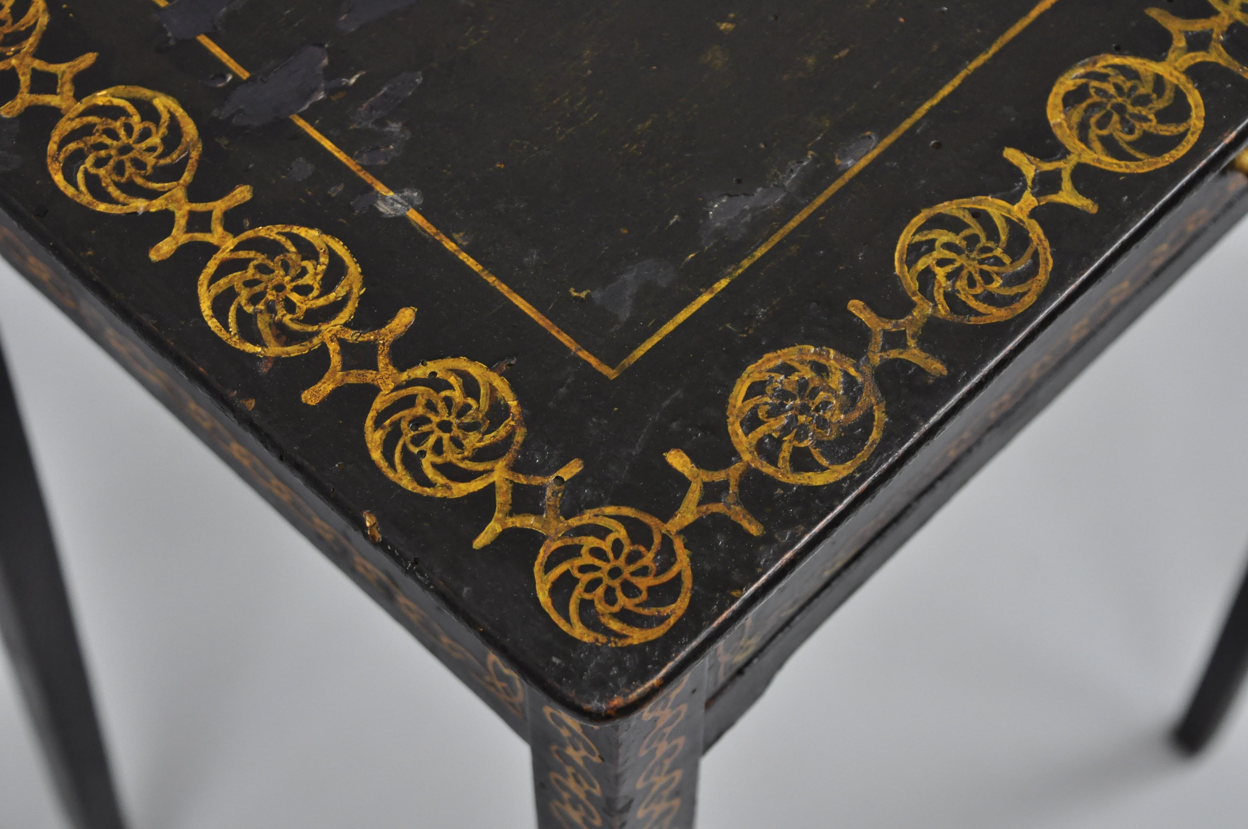 19th Century Black Lacquer Hand Painted English Victorian Side End Table Nightstand