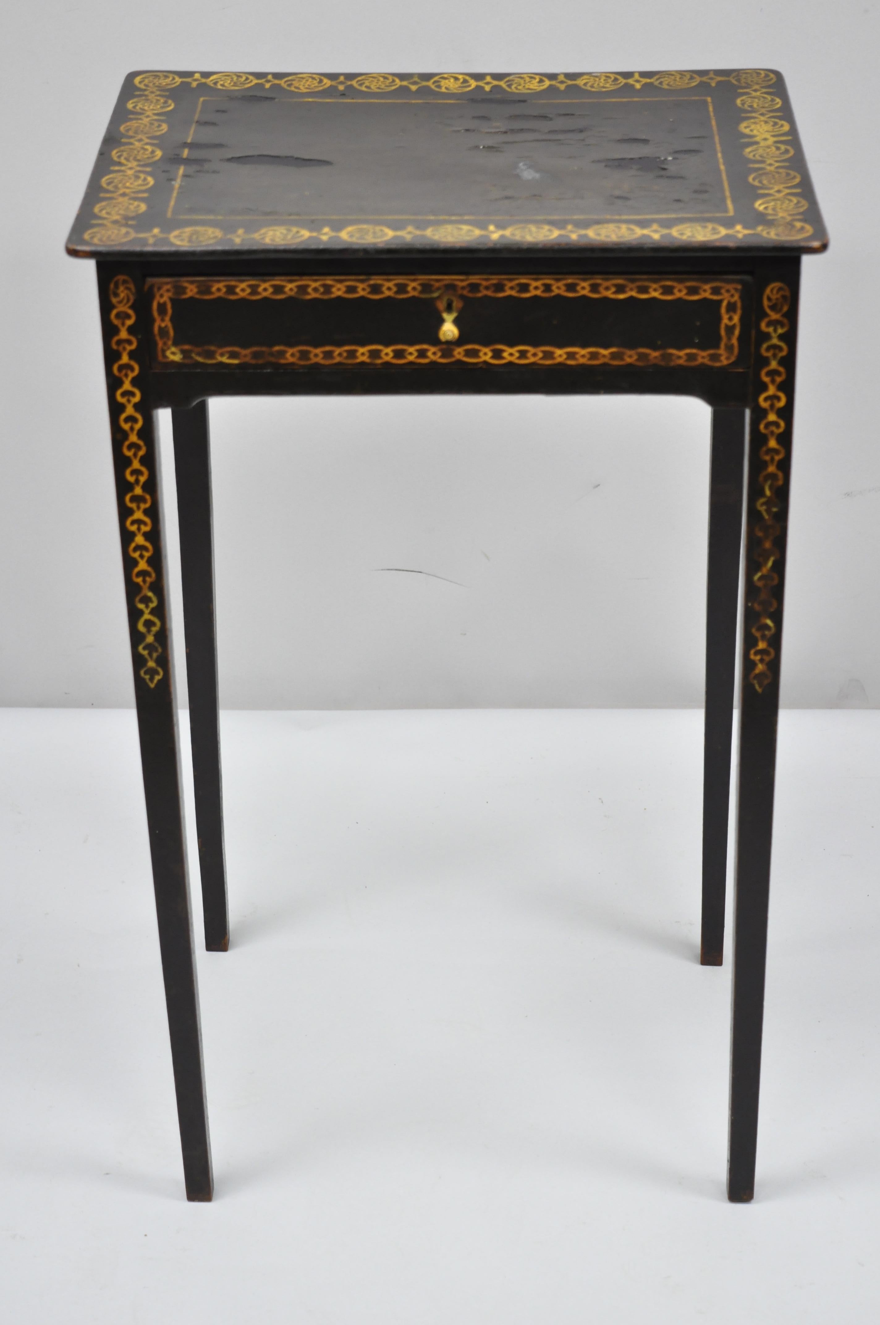 Pine Black Lacquer Hand Painted English Victorian Side End Table Nightstand