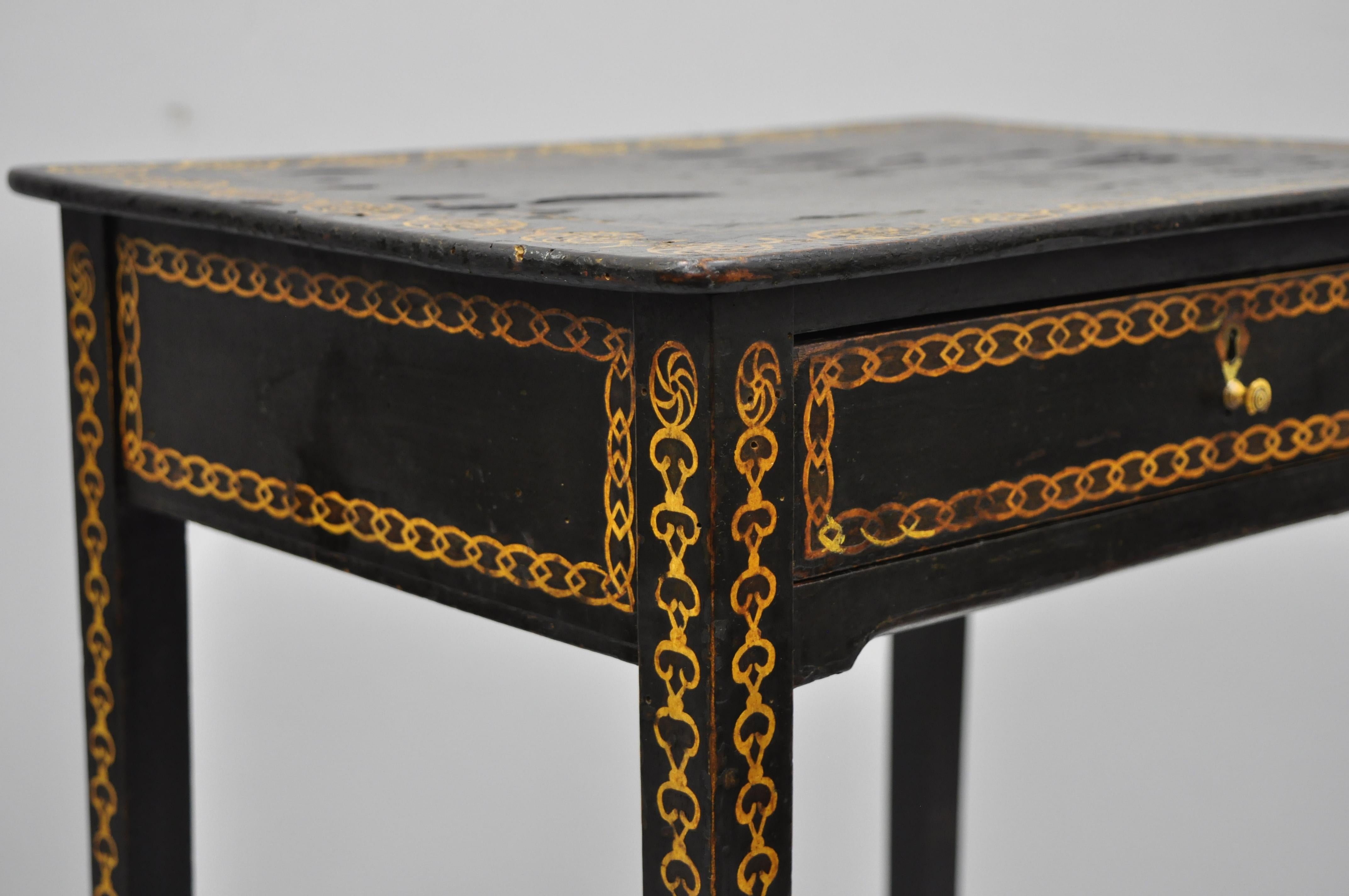 Black Lacquer Hand Painted English Victorian Side End Table Nightstand 1
