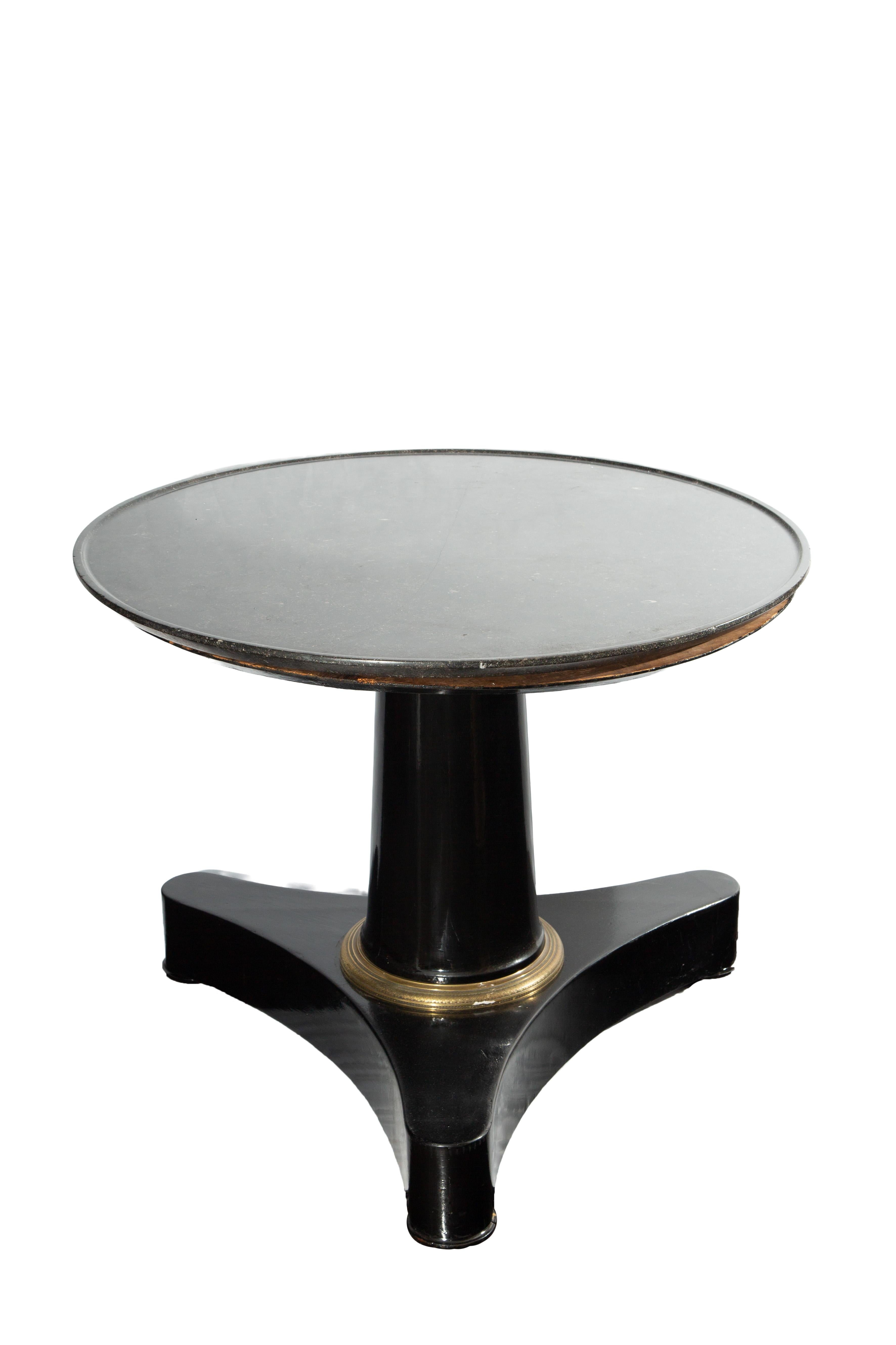 19th-C. Black Lacquer Pedestal Table w Fossil Stone Top and Gilt-Bronze Elements
