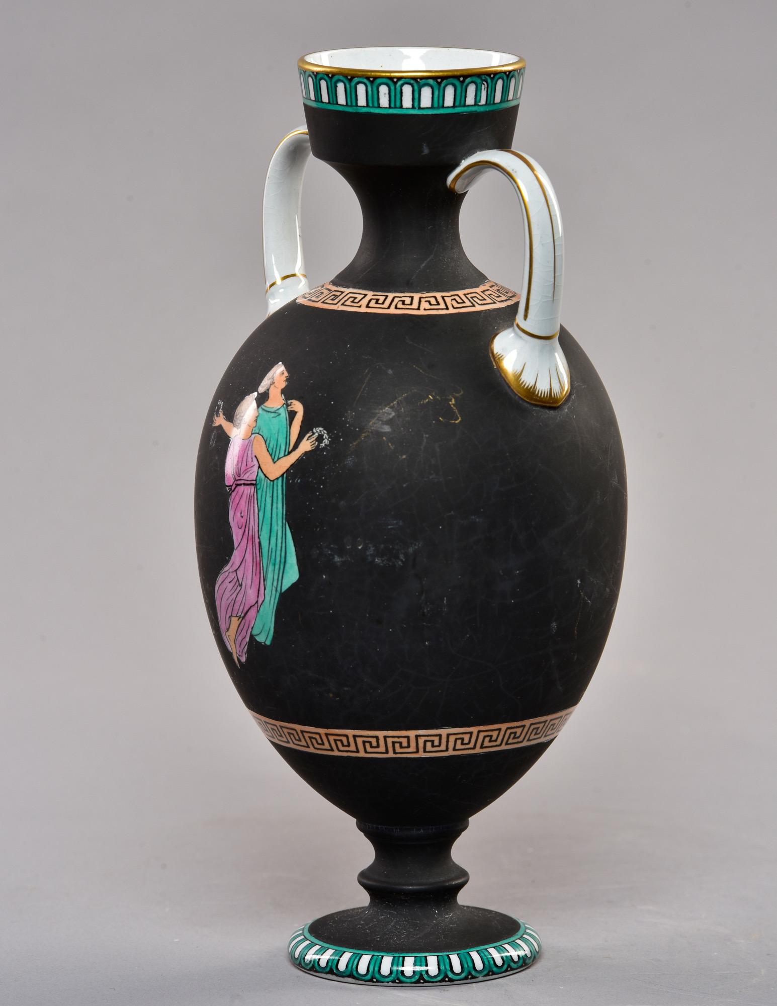 19th C Black Porcelain Neoclassical Vase or Lamp Base with Handles In Good Condition In Troy, MI