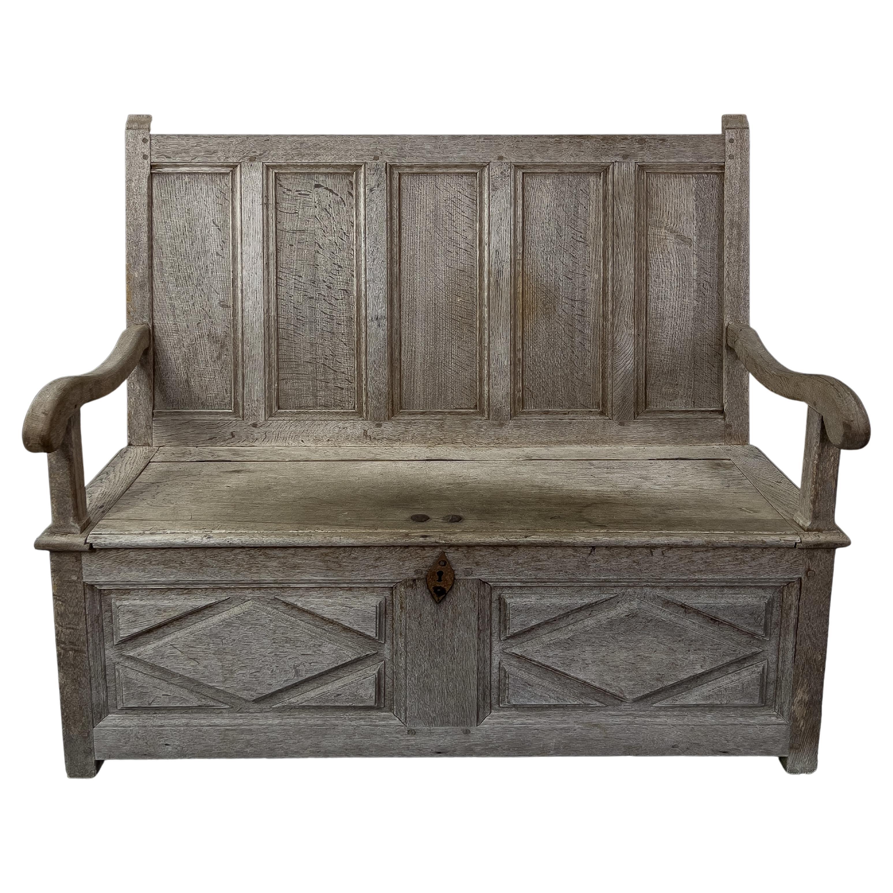 19th C. Bleached English Oak Carved Settle Bench
