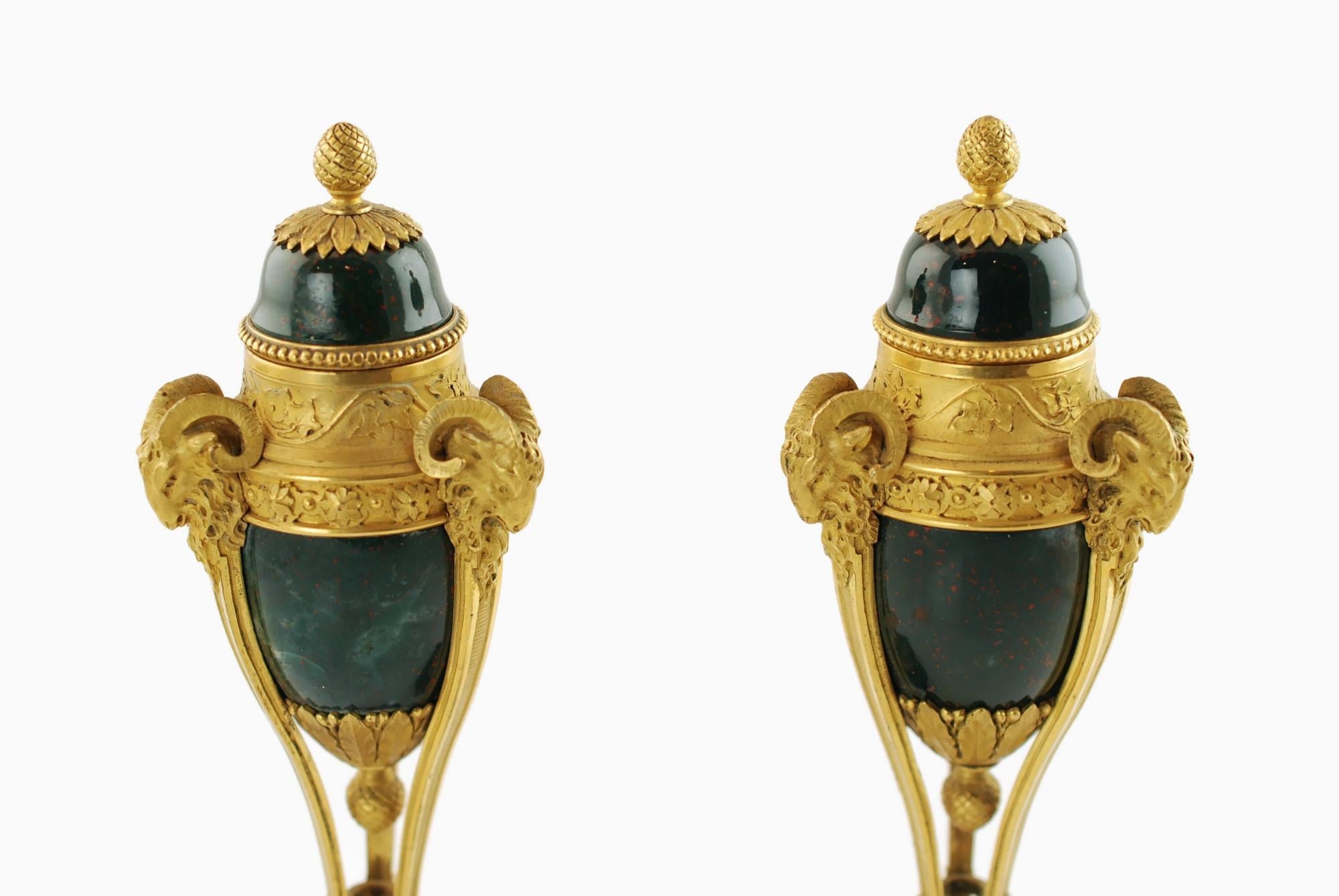 19th C Bloodstone Cassolettes with Ormolu Mounts Rams Head Motif Louis XVI Style For Sale 8