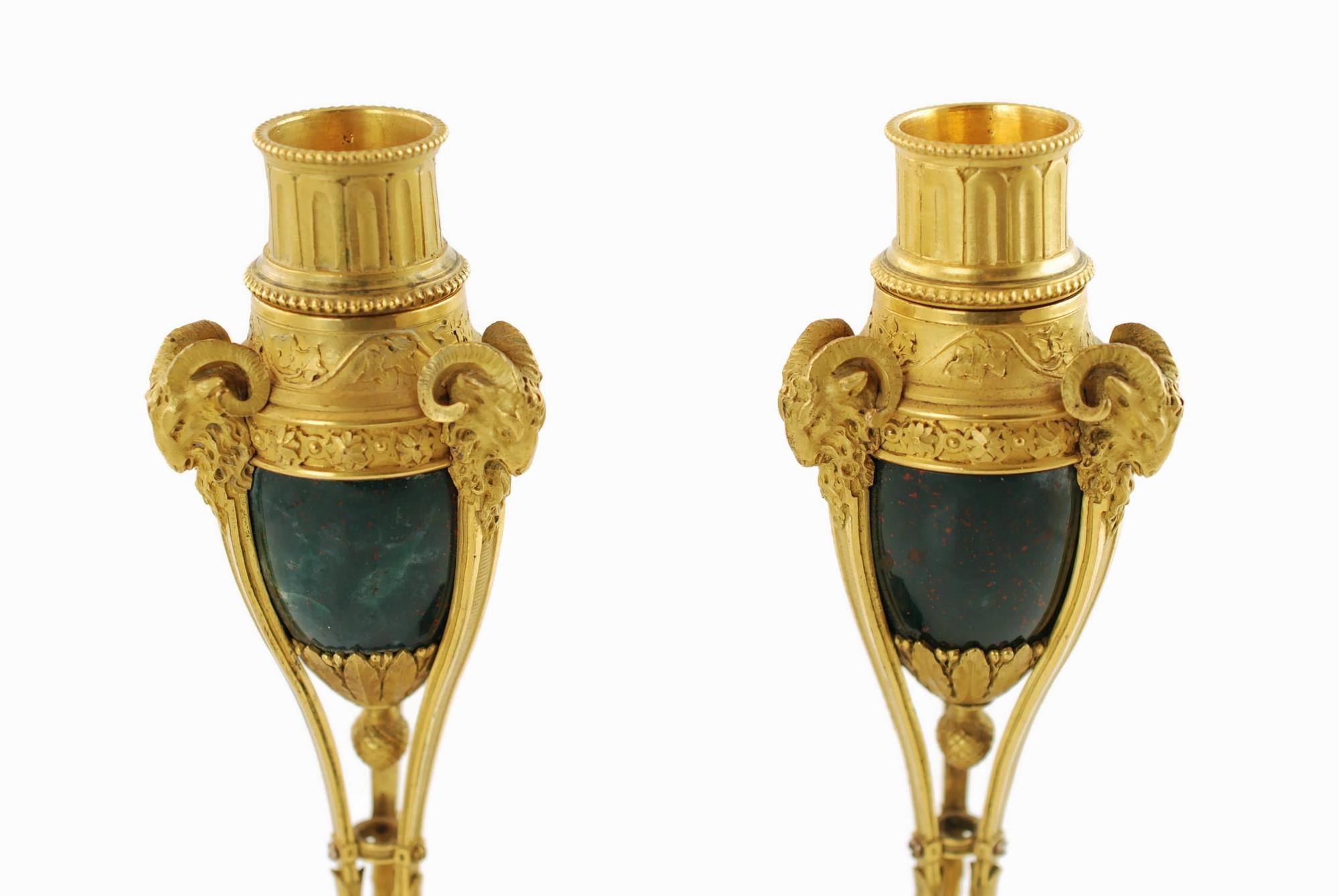 19th C Bloodstone Cassolettes with Ormolu Mounts Rams Head Motif Louis XVI Style For Sale 9