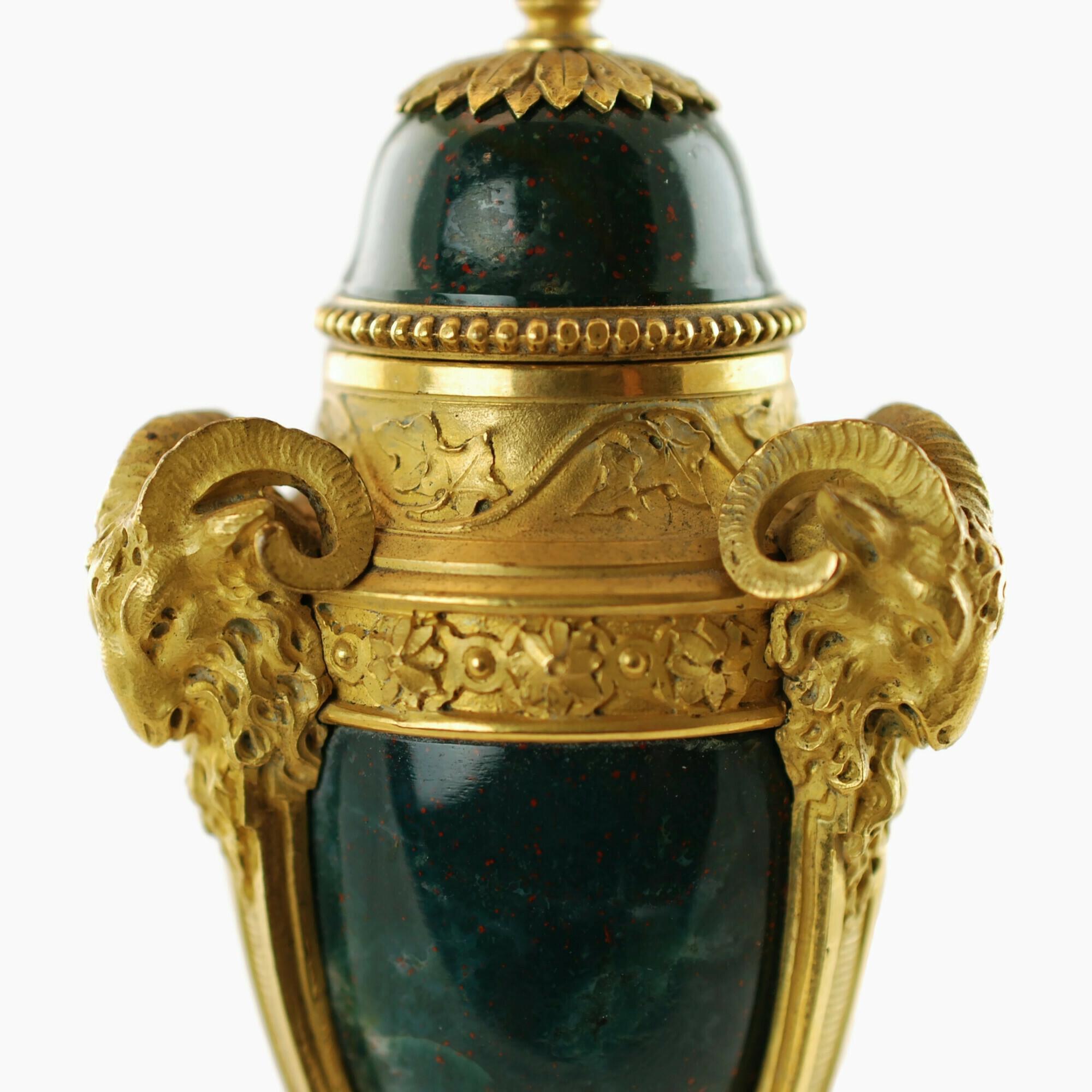19th C Bloodstone Cassolettes with Ormolu Mounts Rams Head Motif Louis XVI Style For Sale 1
