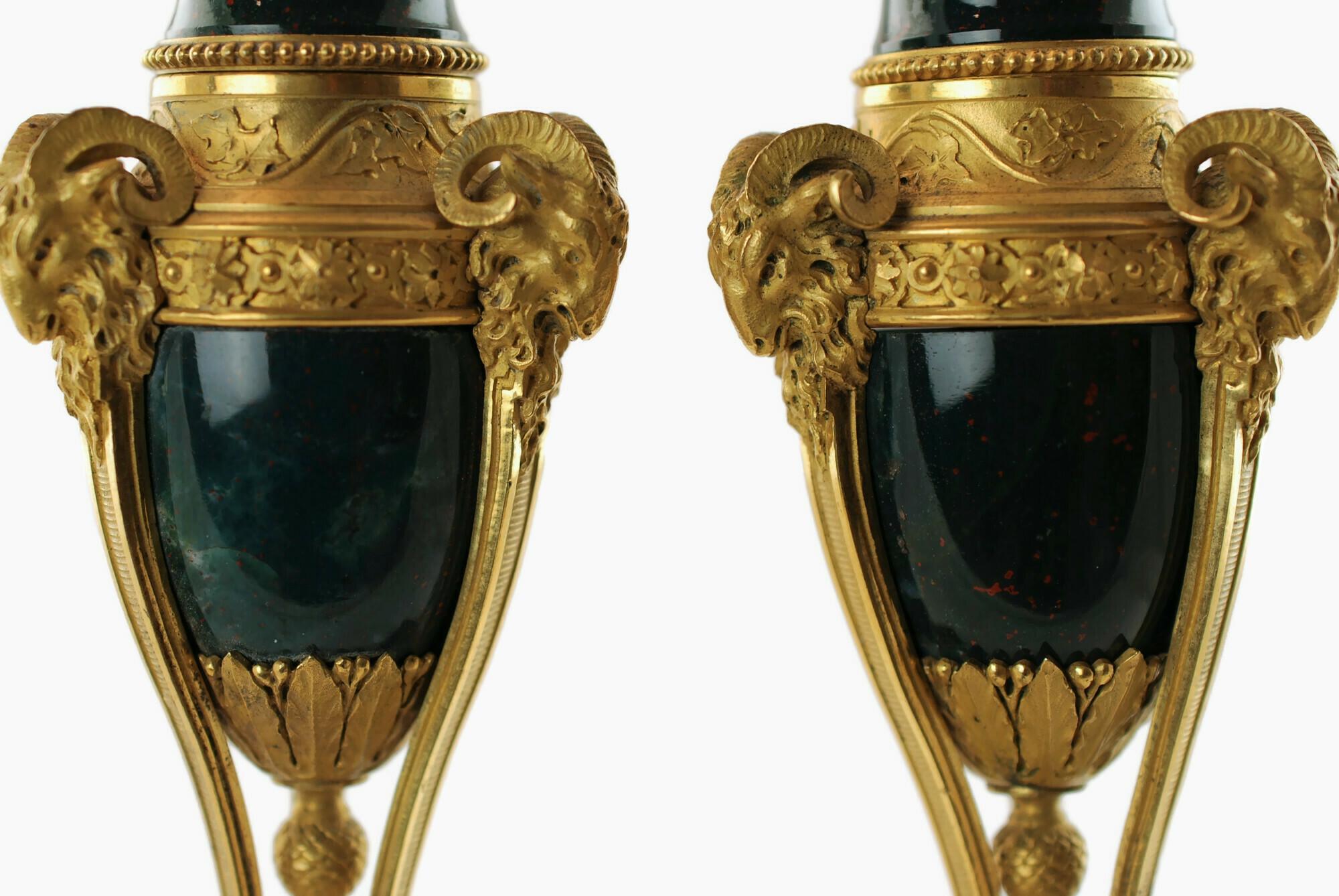 19th C Bloodstone Cassolettes with Ormolu Mounts Rams Head Motif Louis XVI Style For Sale 3