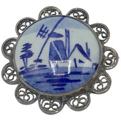 Antique 19th Century Blue and White Delft Pin with Silver Framing