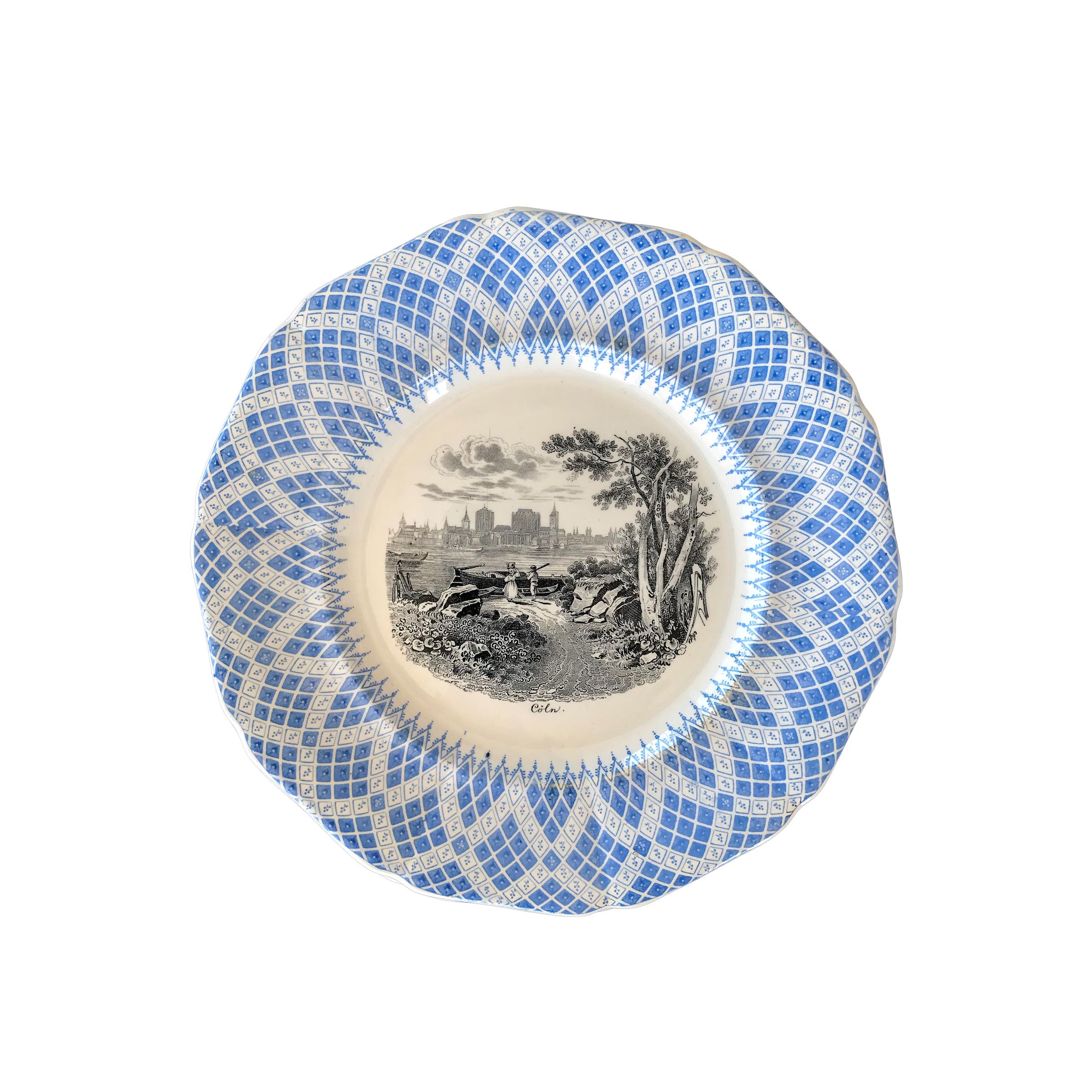 Ceramic 19th C. Blue & Black German Cities Plates, Set of 6 For Sale