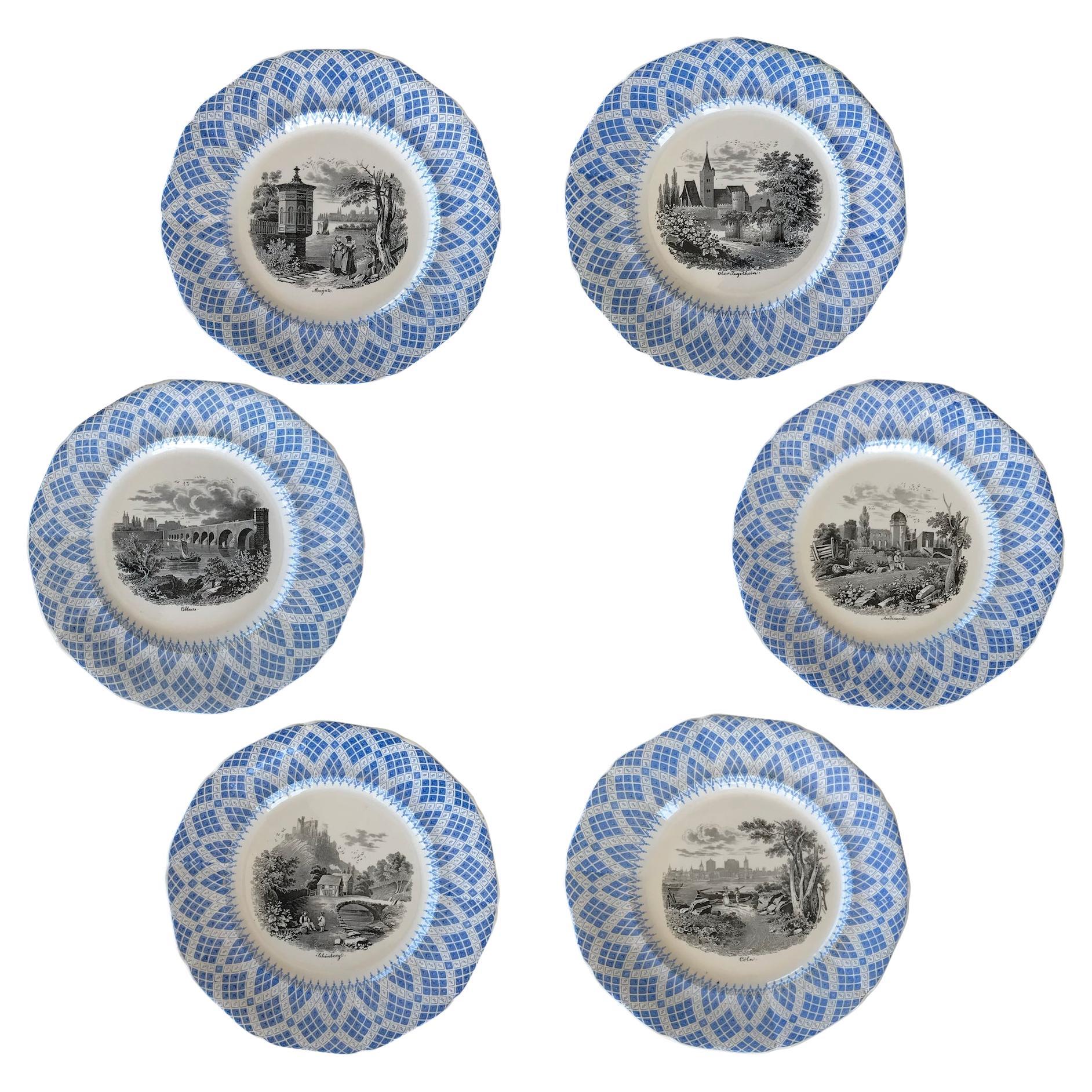 19th C. Blue & Black German Cities Plates, Set of 6 For Sale