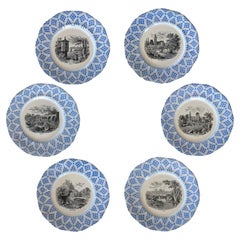 Antique 19th C. Blue & Black German Cities Plates, Set of 6