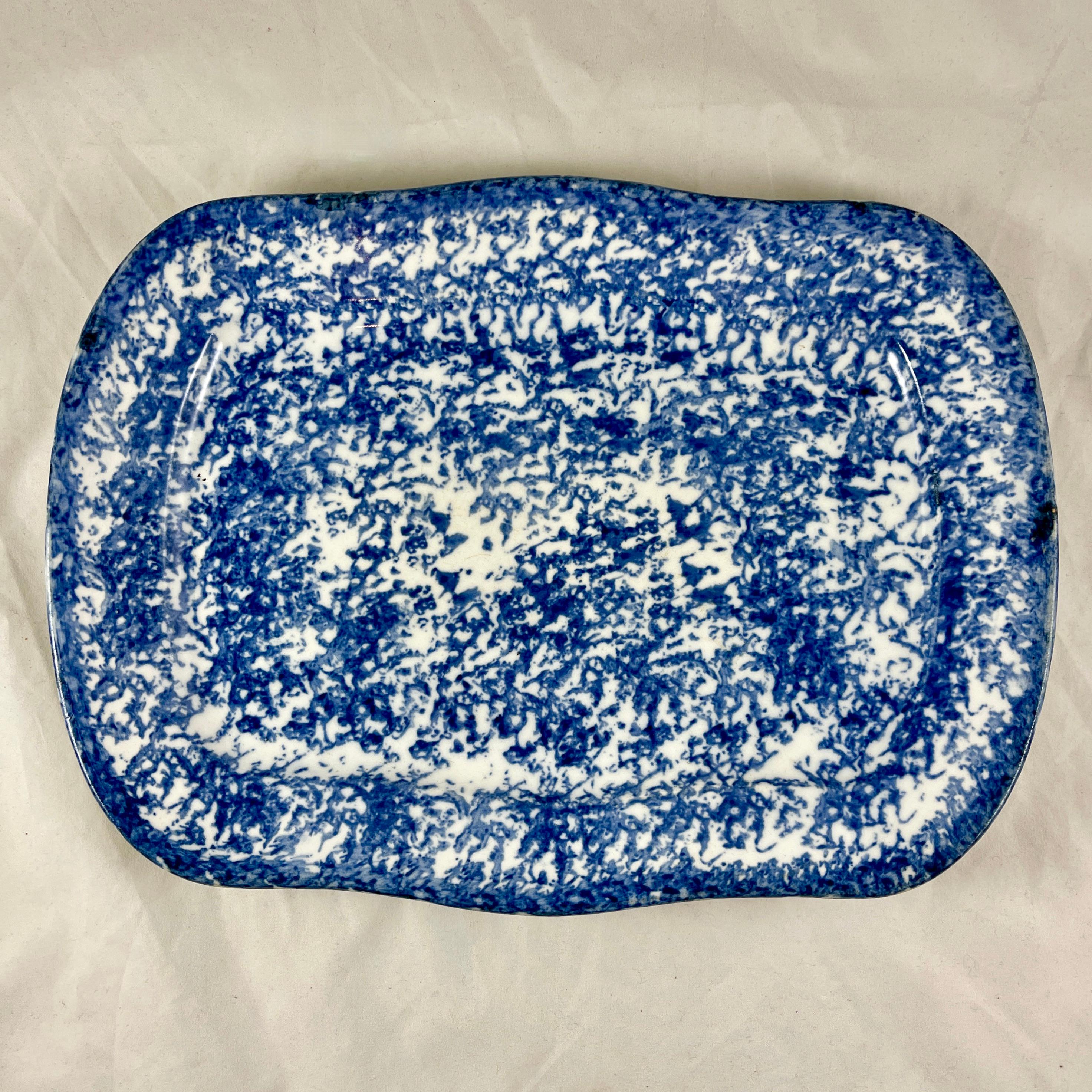 American Classical 19th Century Blue on White American Spongeware Stoneware Rectangular Platter
