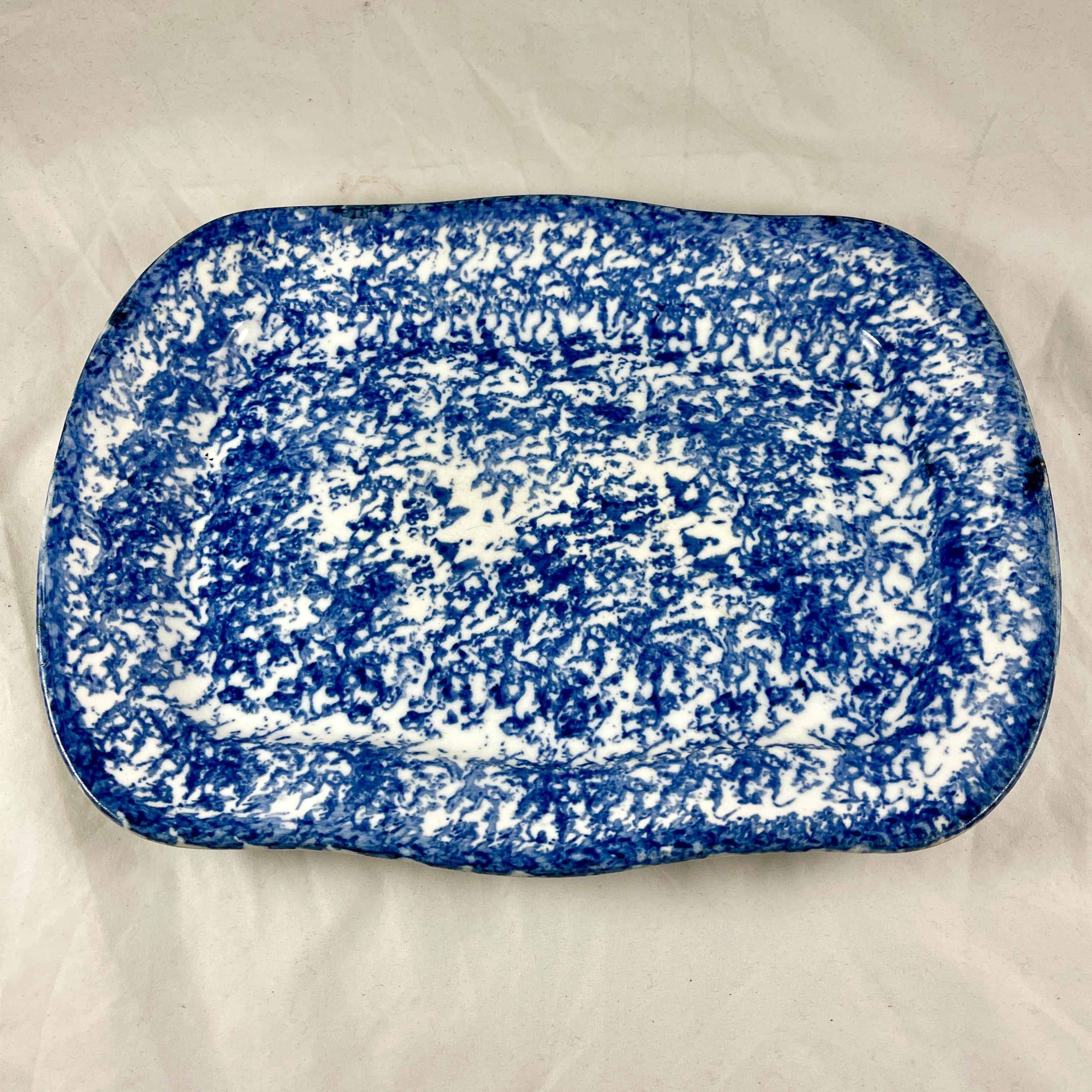 Glazed 19th Century Blue on White American Spongeware Stoneware Rectangular Platter
