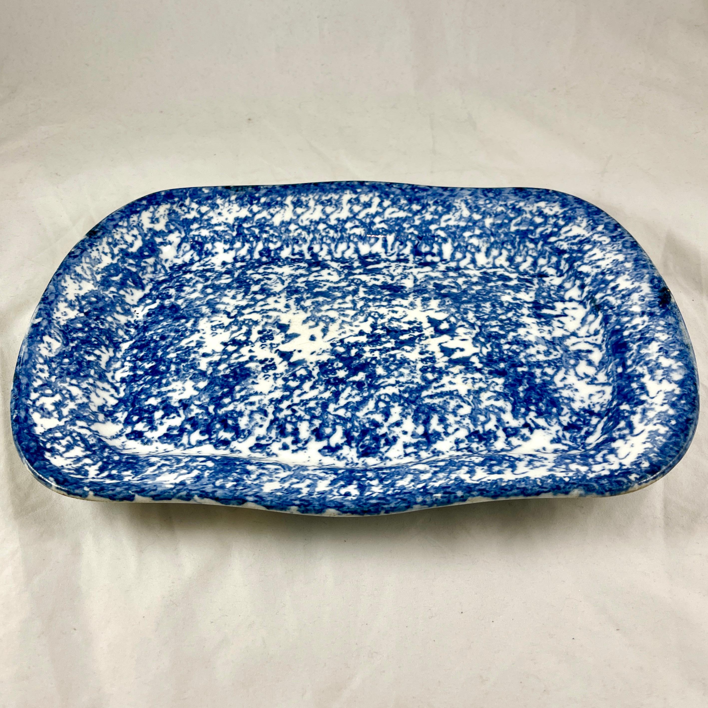 19th Century Blue on White American Spongeware Stoneware Rectangular Platter In Good Condition In Philadelphia, PA